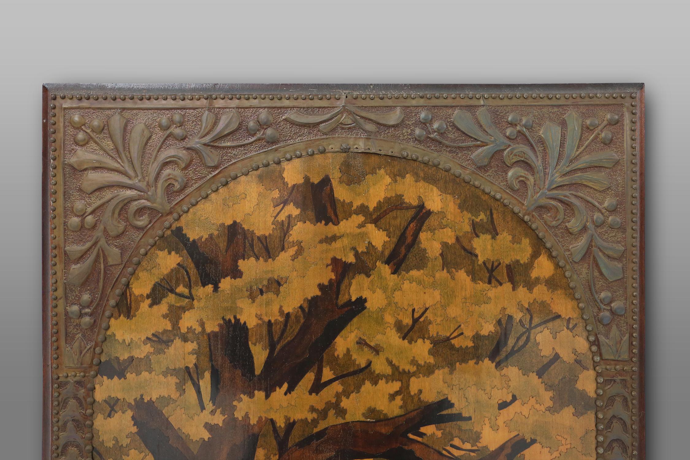 Art Nouveau triptych, mirror and 2 panels, painted wood marquetry, France 1910 9