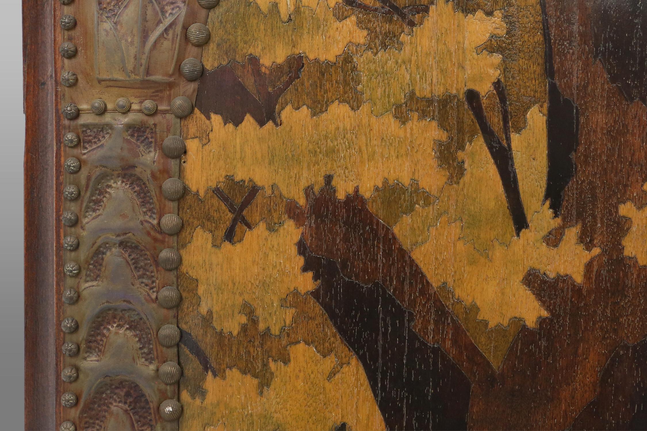 Art Nouveau triptych, mirror and 2 panels, painted wood marquetry, France 1910 10