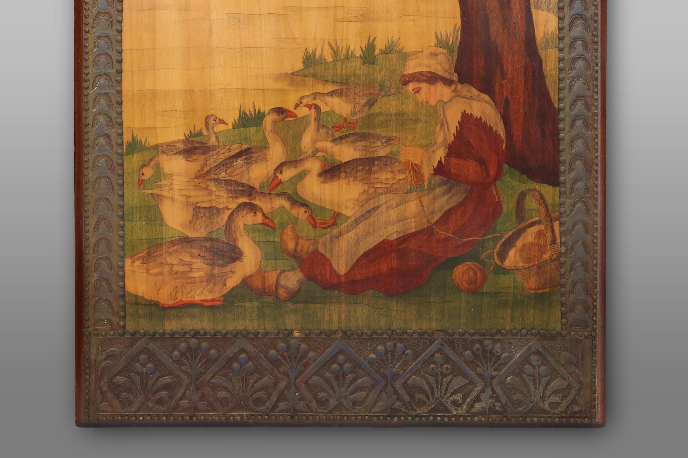 Art Nouveau triptych, mirror and 2 panels, painted wood marquetry, France 1910 11