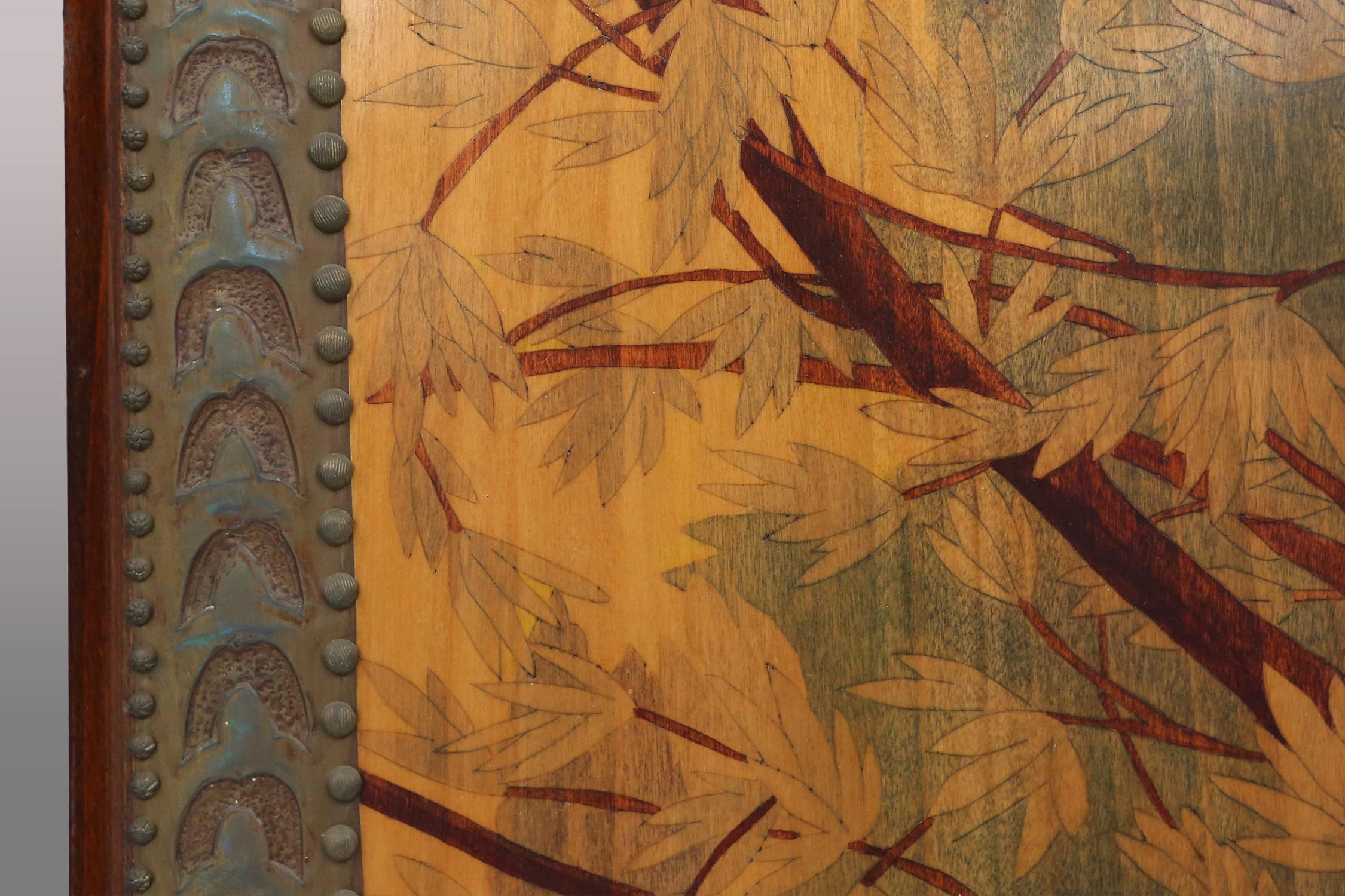 Art Nouveau triptych, mirror and 2 panels, painted wood marquetry, France 1910 12