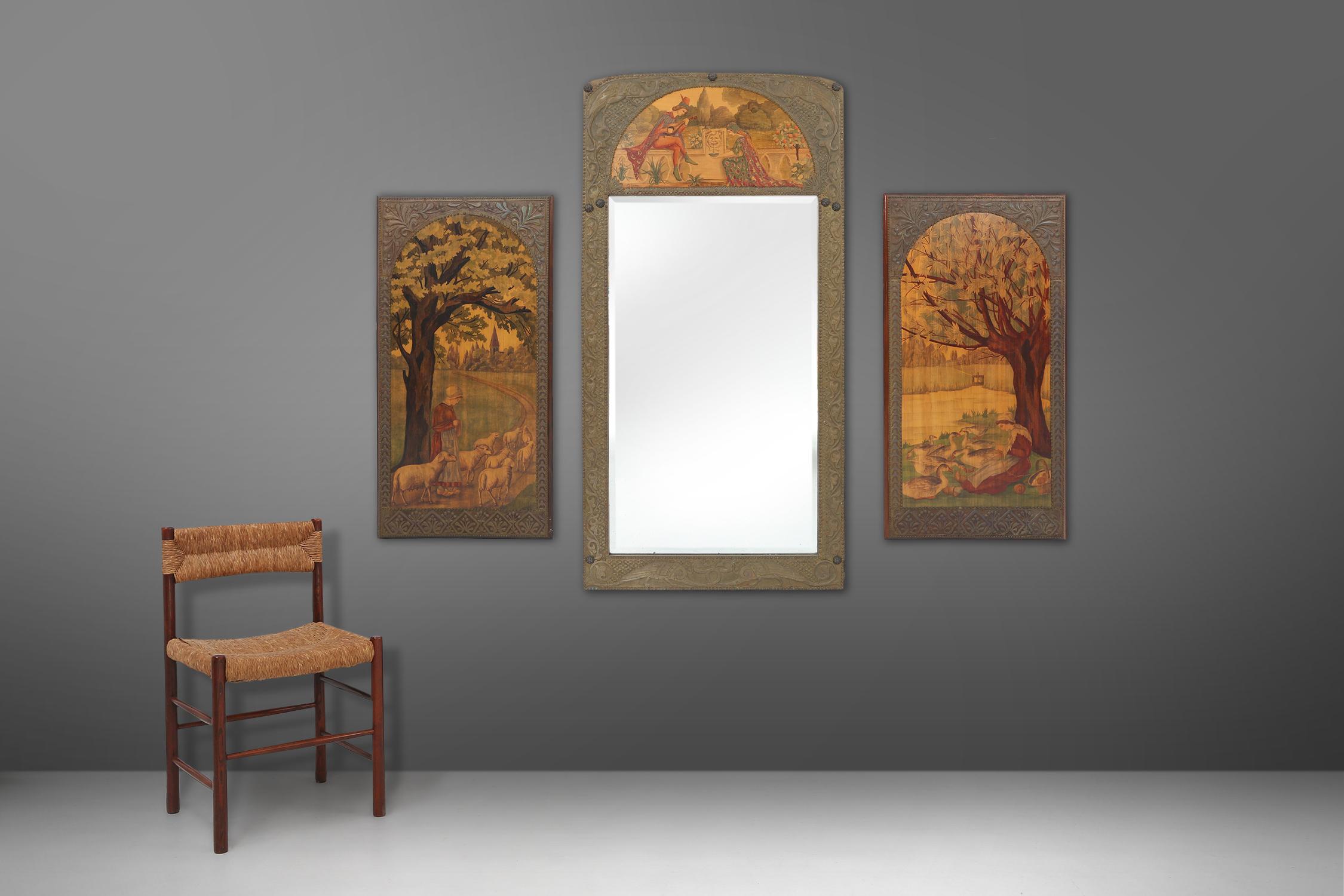 France / 1910 / Mirror with 2 panels / signed M. Lepas / painted wood marquetry / wood and embossed copper / Art Nouveau

Rare and unique Art Nouveau triptych in painted wood and embossed copper with a large mirror and 2 panels, made in France