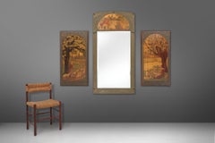 Art Nouveau triptych, mirror and 2 panels, painted wood marquetry, France 1910
