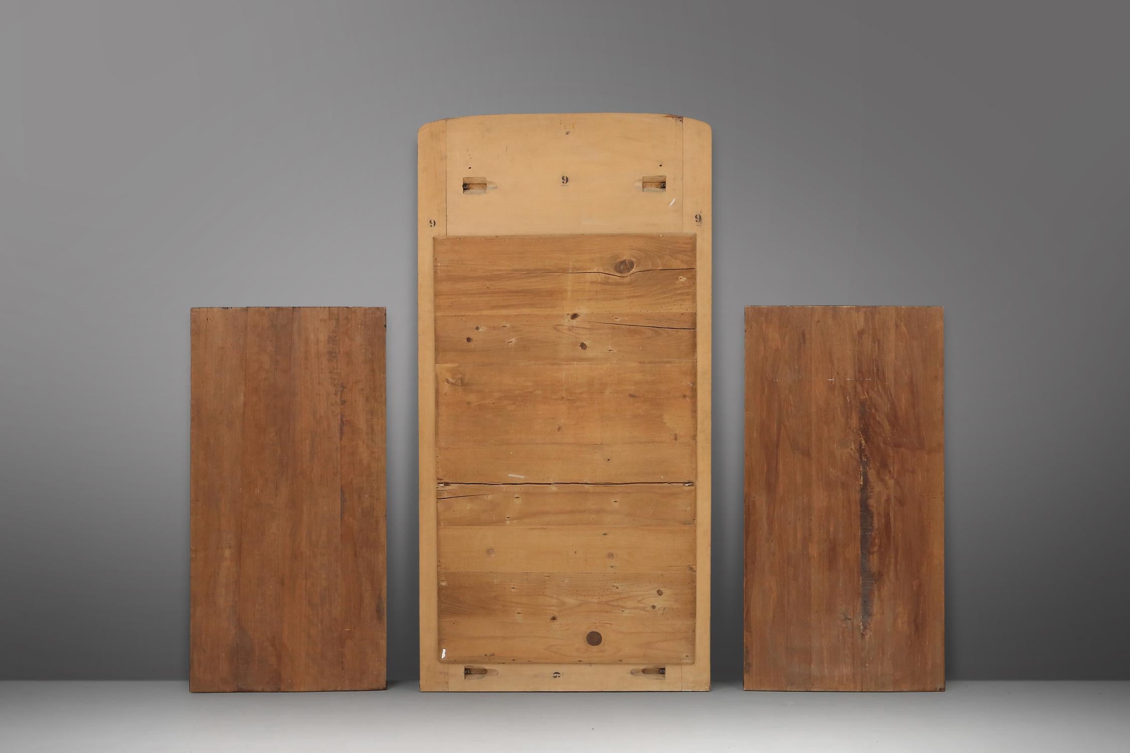 Art Nouveau triptych, mirror and 2 panels, painted wood marquetry, France 1910 13