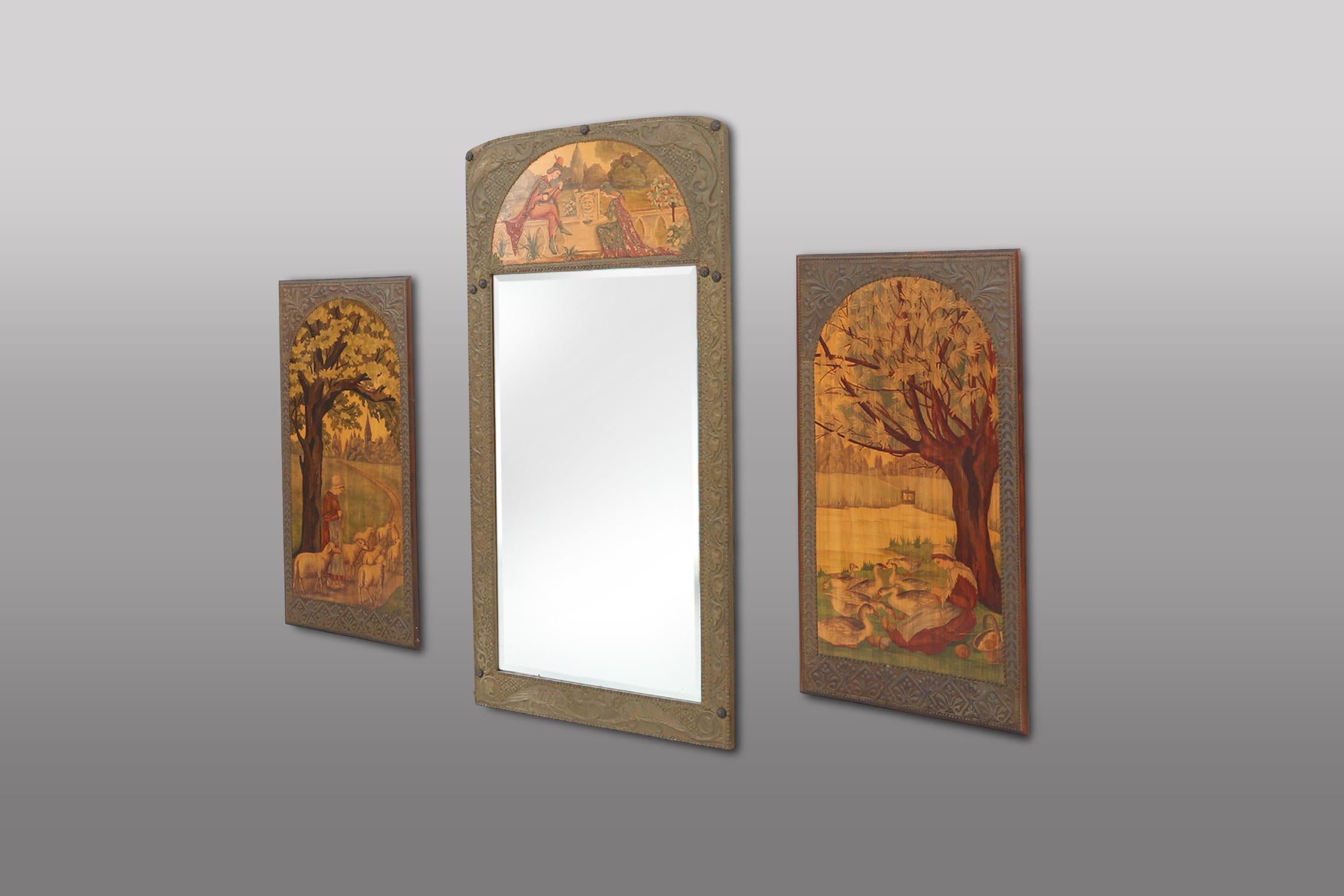 French Art Nouveau triptych, mirror and 2 panels, painted wood marquetry, France 1910