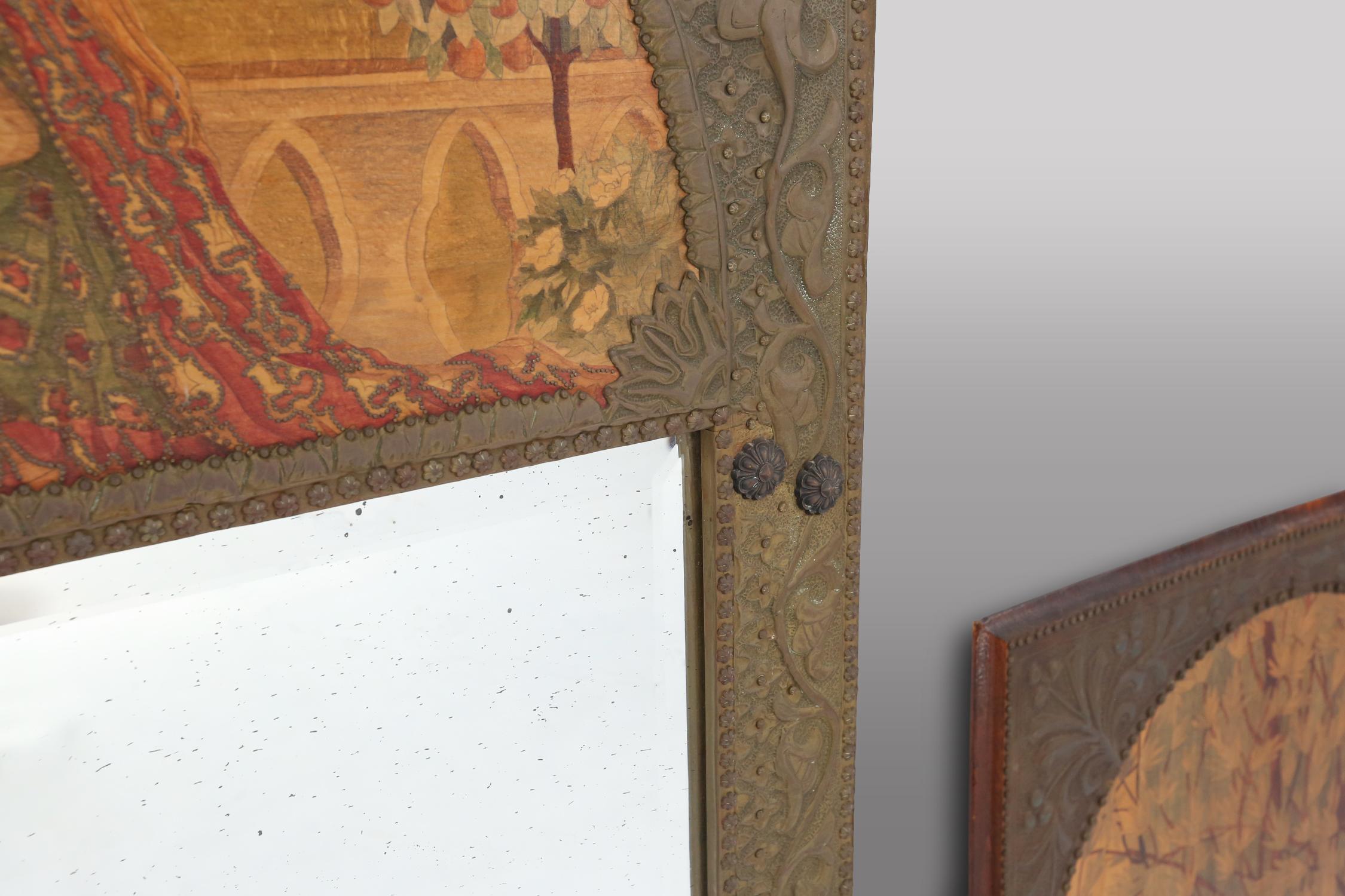 Embossed Art Nouveau triptych, mirror and 2 panels, painted wood marquetry, France 1910