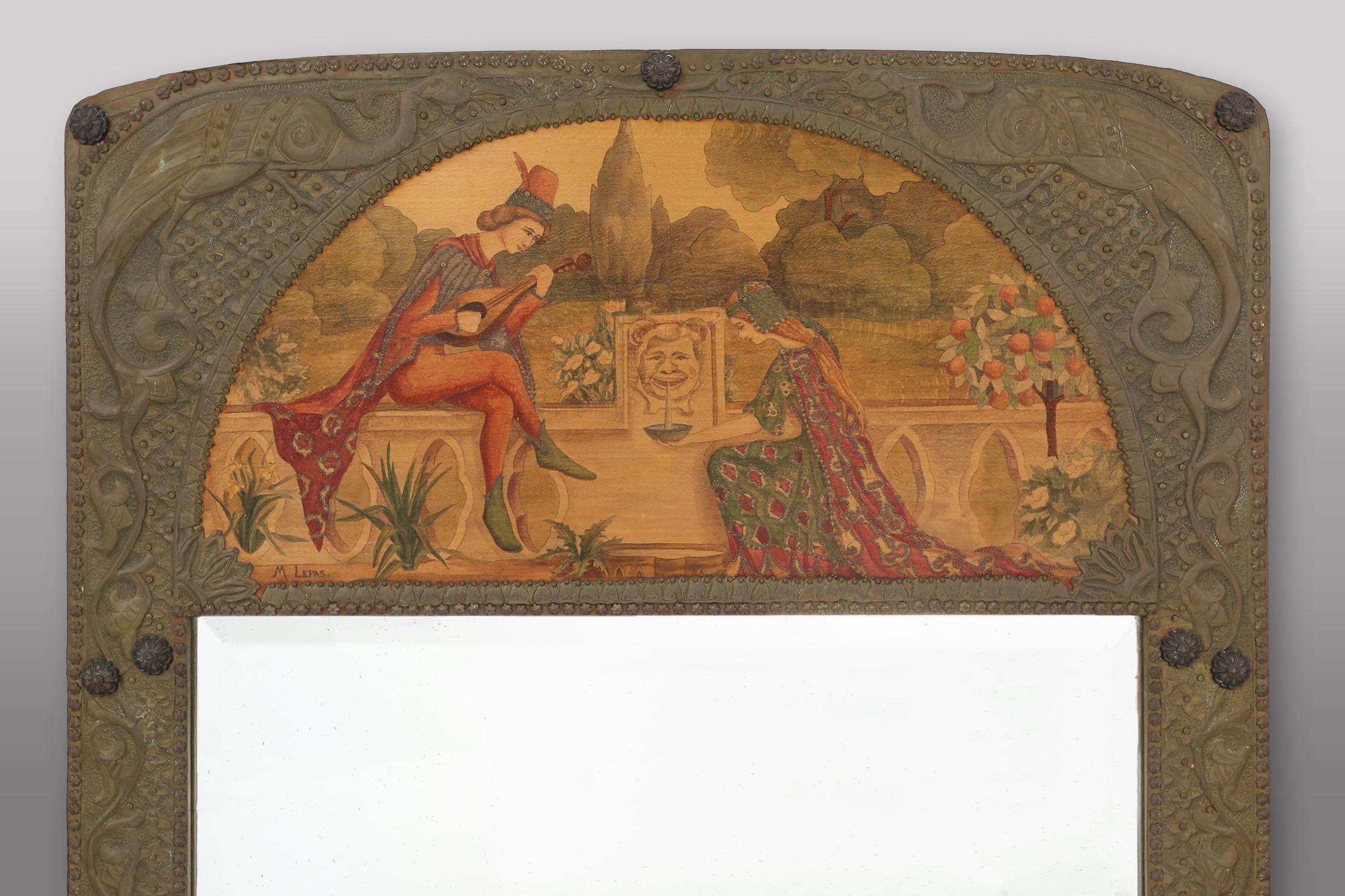 Art Nouveau triptych, mirror and 2 panels, painted wood marquetry, France 1910 In Good Condition In Meulebeke, BE