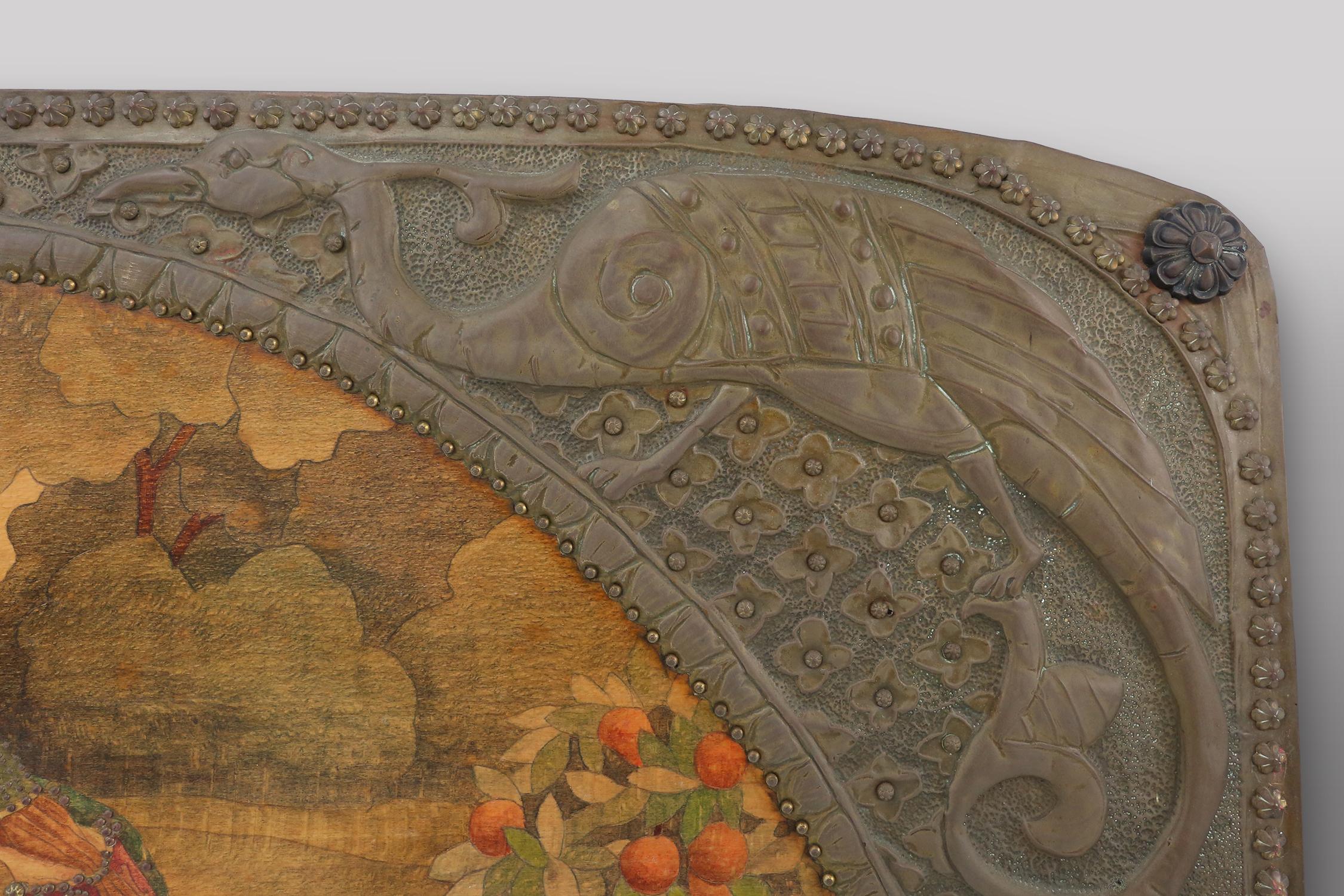 Art Nouveau triptych, mirror and 2 panels, painted wood marquetry, France 1910 1