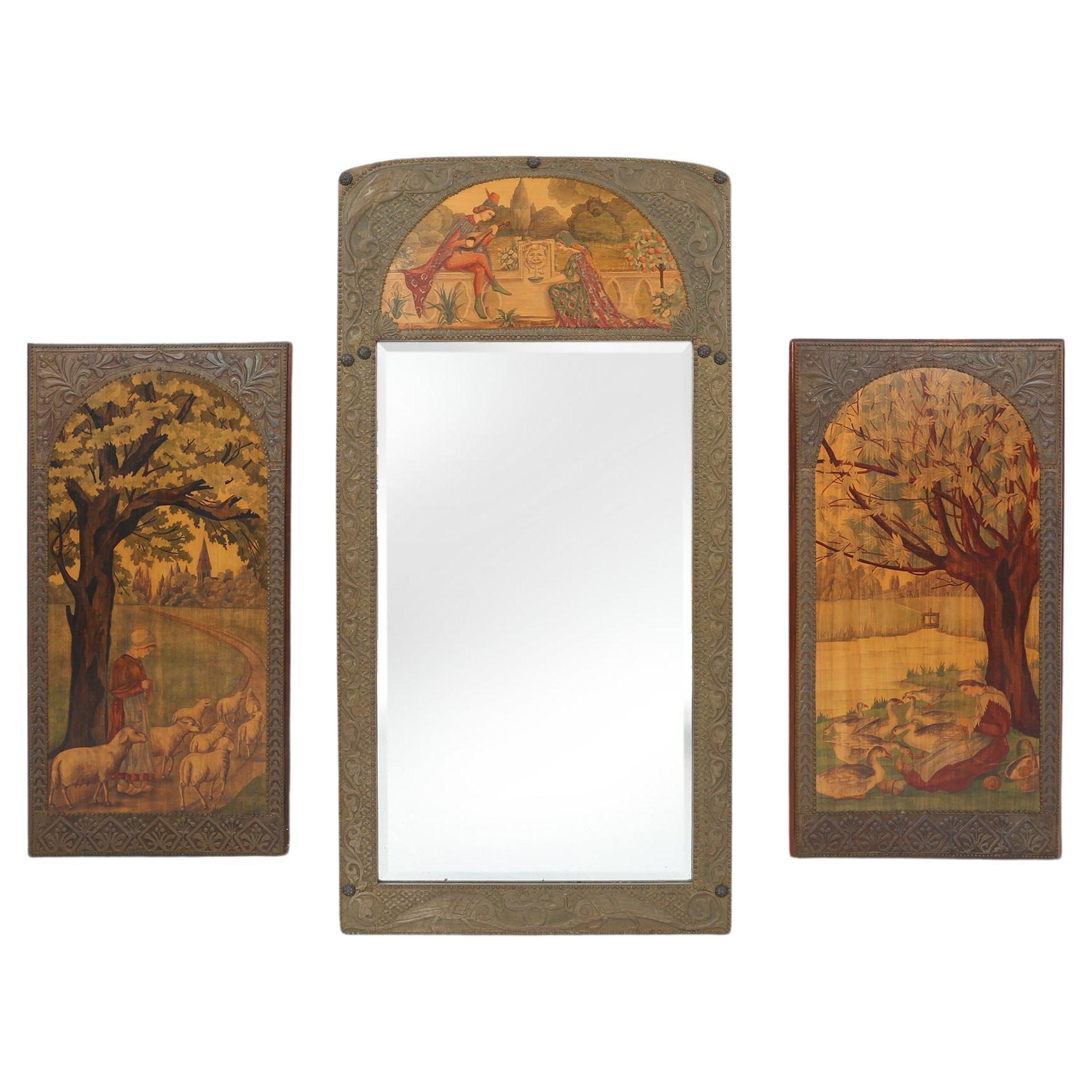 Art Nouveau triptych, mirror and 2 panels, painted wood marquetry, France 1910
