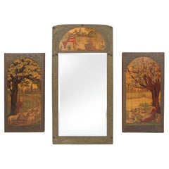 triptyque Art Nouveau, miroir et 2 panneaux, marqueterie de bois peinte, France 1910