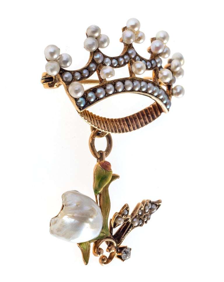 Art Nouveau Tulip Crown Oriental Pearls Diamond Enamel Gold Brooch ...