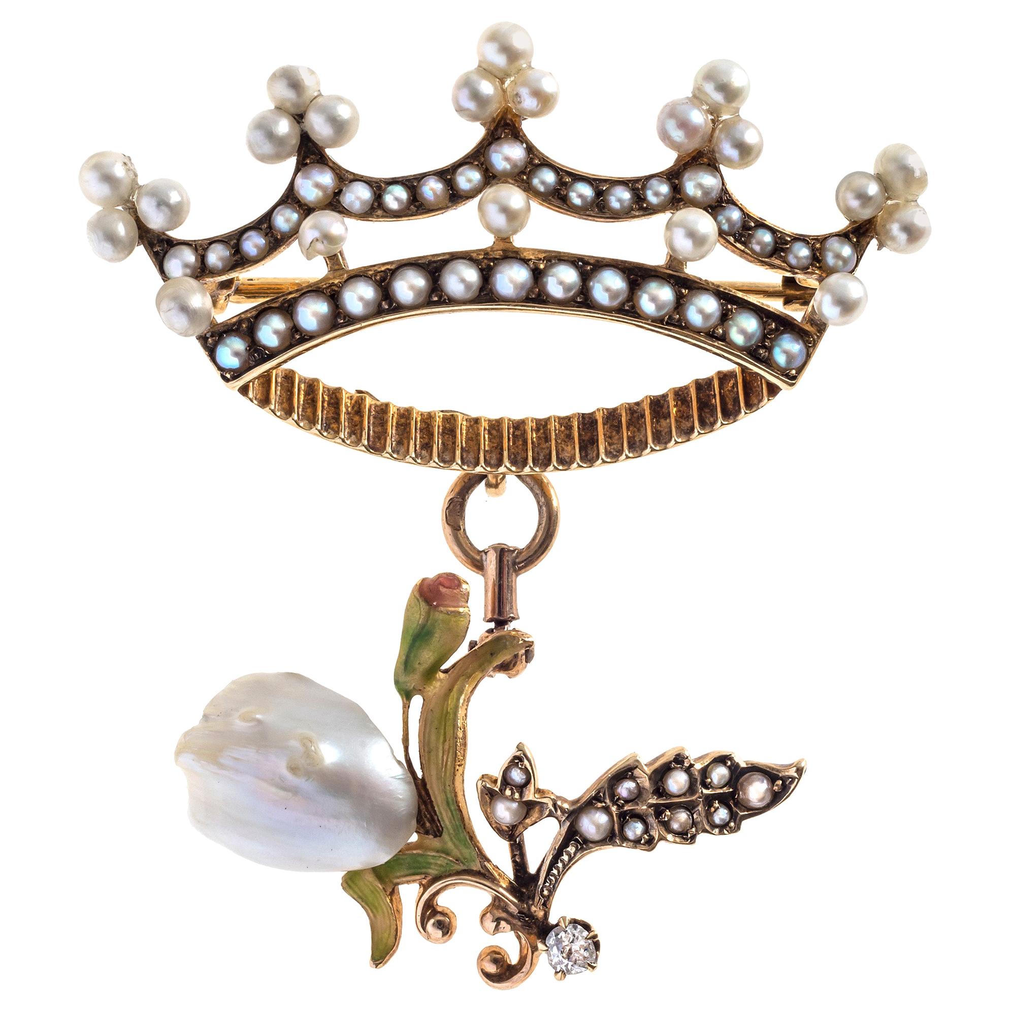 Pendentif broche en or Art Nouveau avec couronne de tulipe, perles orientales, diamants et émail