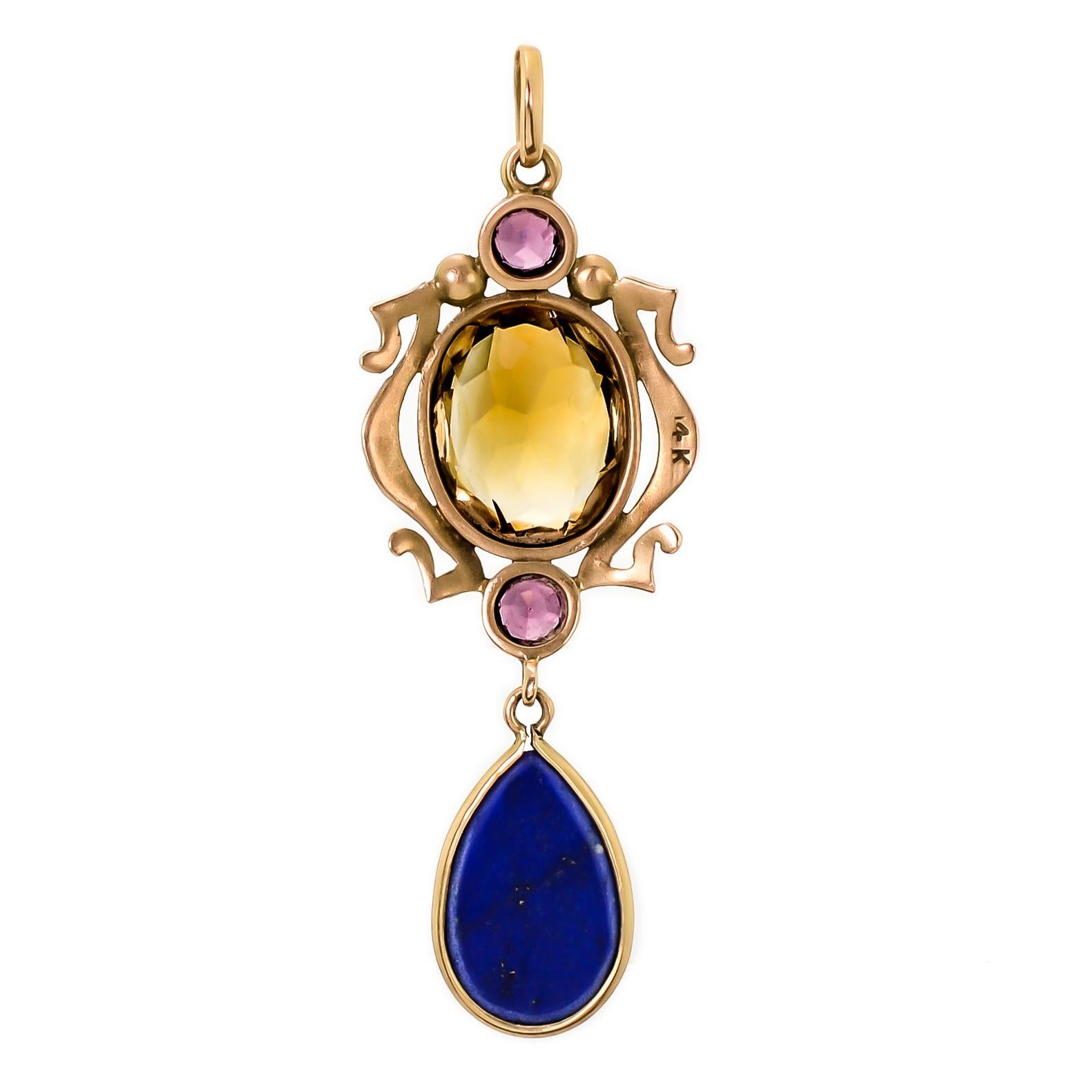 Art Nouveau Turn-of-the-Century Citrine, Lapis, Ruby, and Seed Pearl Pendant In Good Condition For Sale In Wheaton, IL