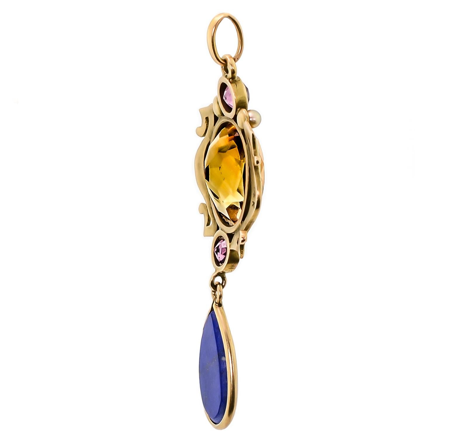 Women's Art Nouveau Turn-of-the-Century Citrine, Lapis, Ruby, and Seed Pearl Pendant For Sale