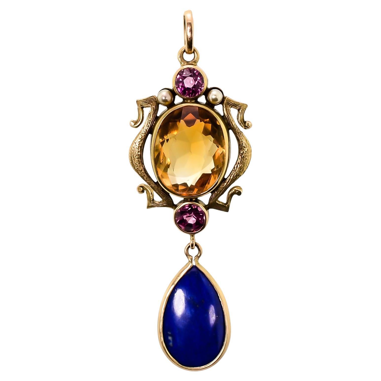Art Nouveau Turn-of-the-Century Citrine, Lapis, Ruby, and Seed Pearl Pendant For Sale