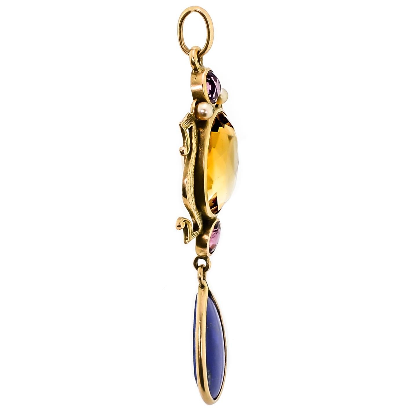 Oval Cut Art Nouveau Turn-of-the-Century Citrine, Lapis, Ruby, and Seed Pearl Pendent For Sale