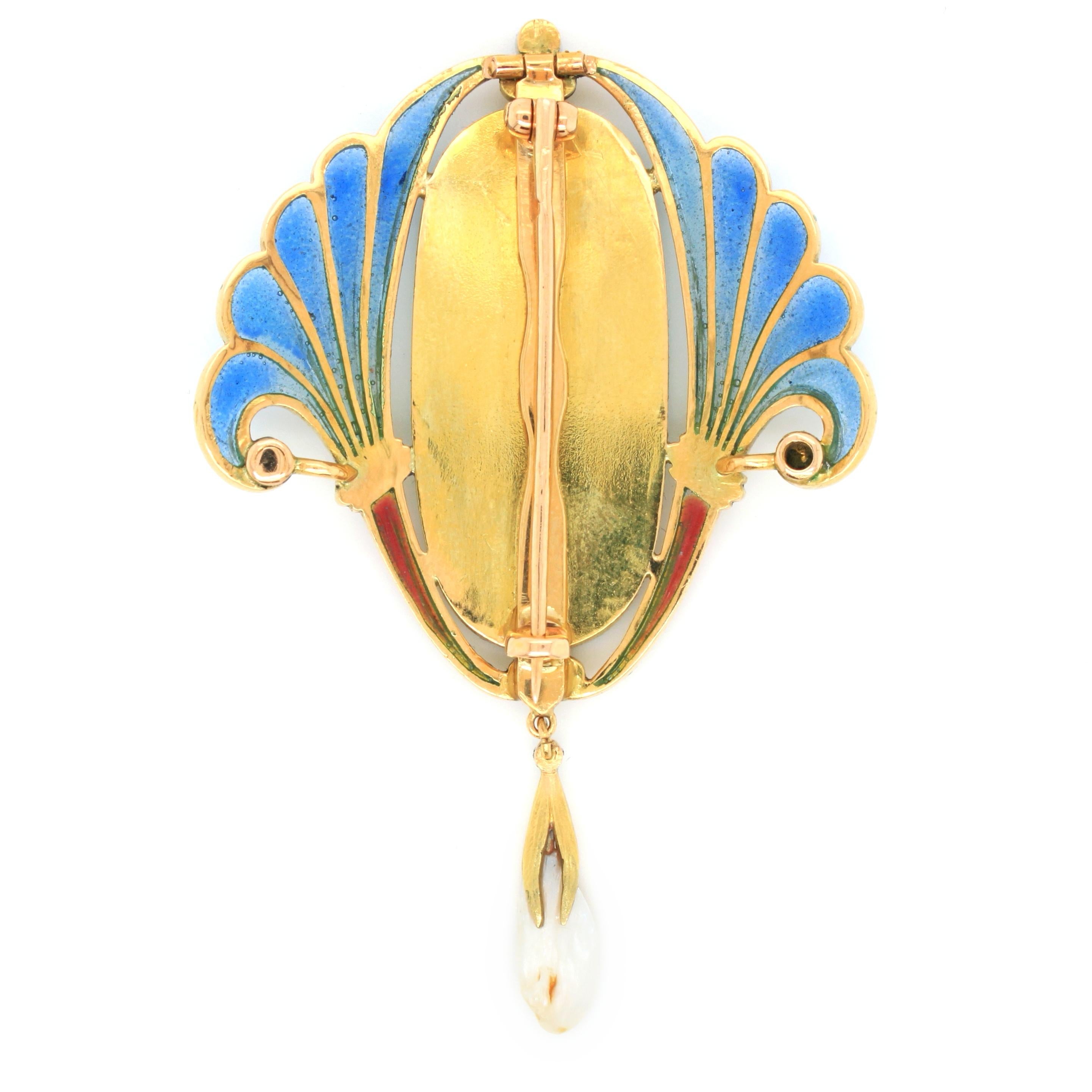 Art Nouveau Turquoise Pearl and Diamond Plique-a-Jour Brooch, circa 1900 1