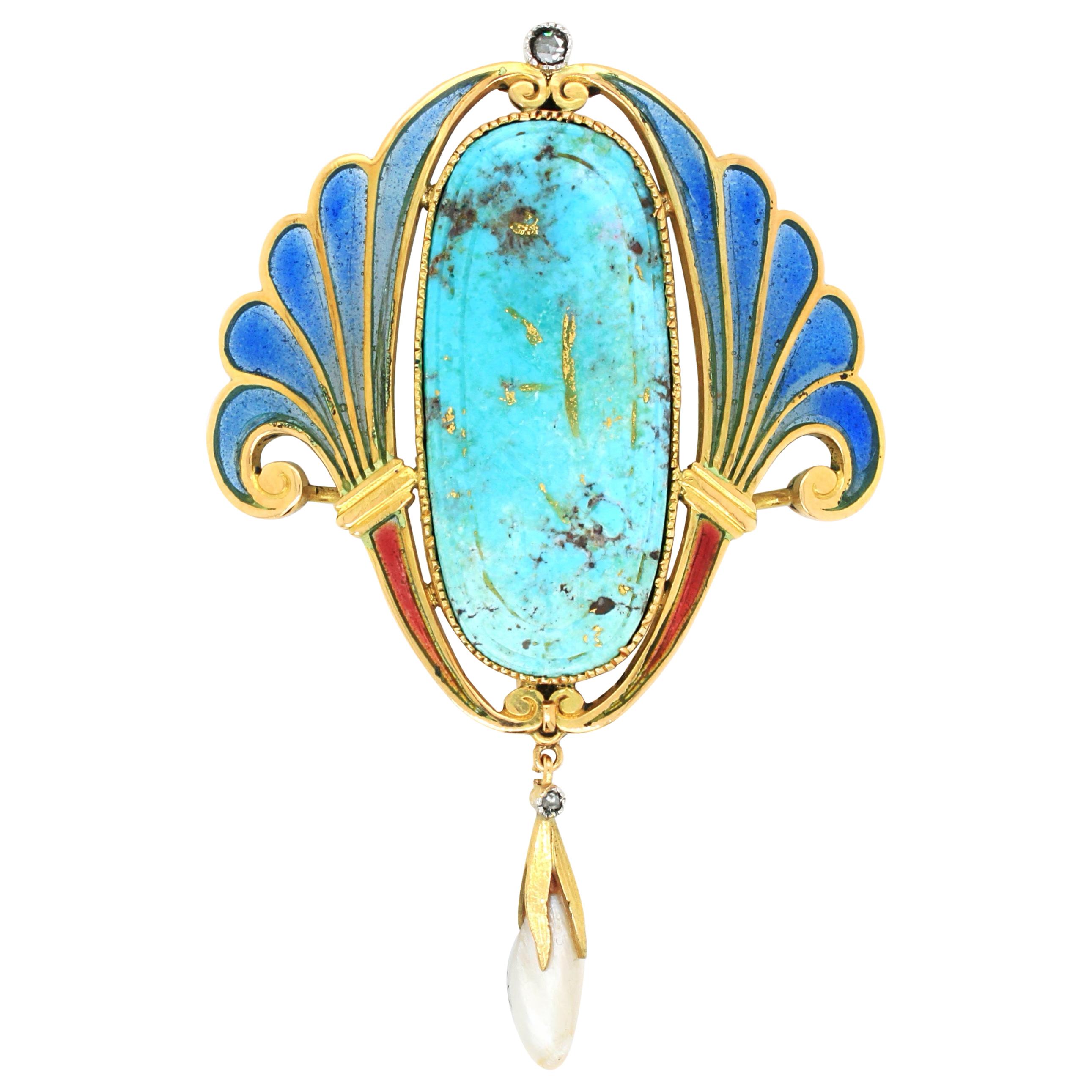 Art Nouveau Turquoise Pearl and Diamond Plique-a-Jour Brooch, circa 1900