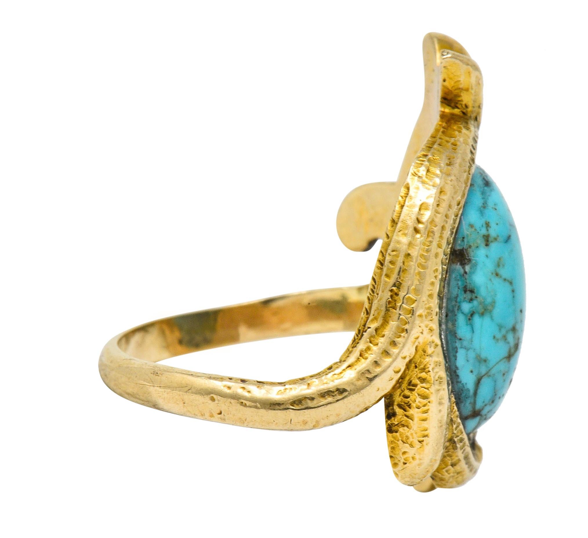 Cabochon Art Nouveau Turquoise 14 Karat Gold Foliate Whiplash Ring