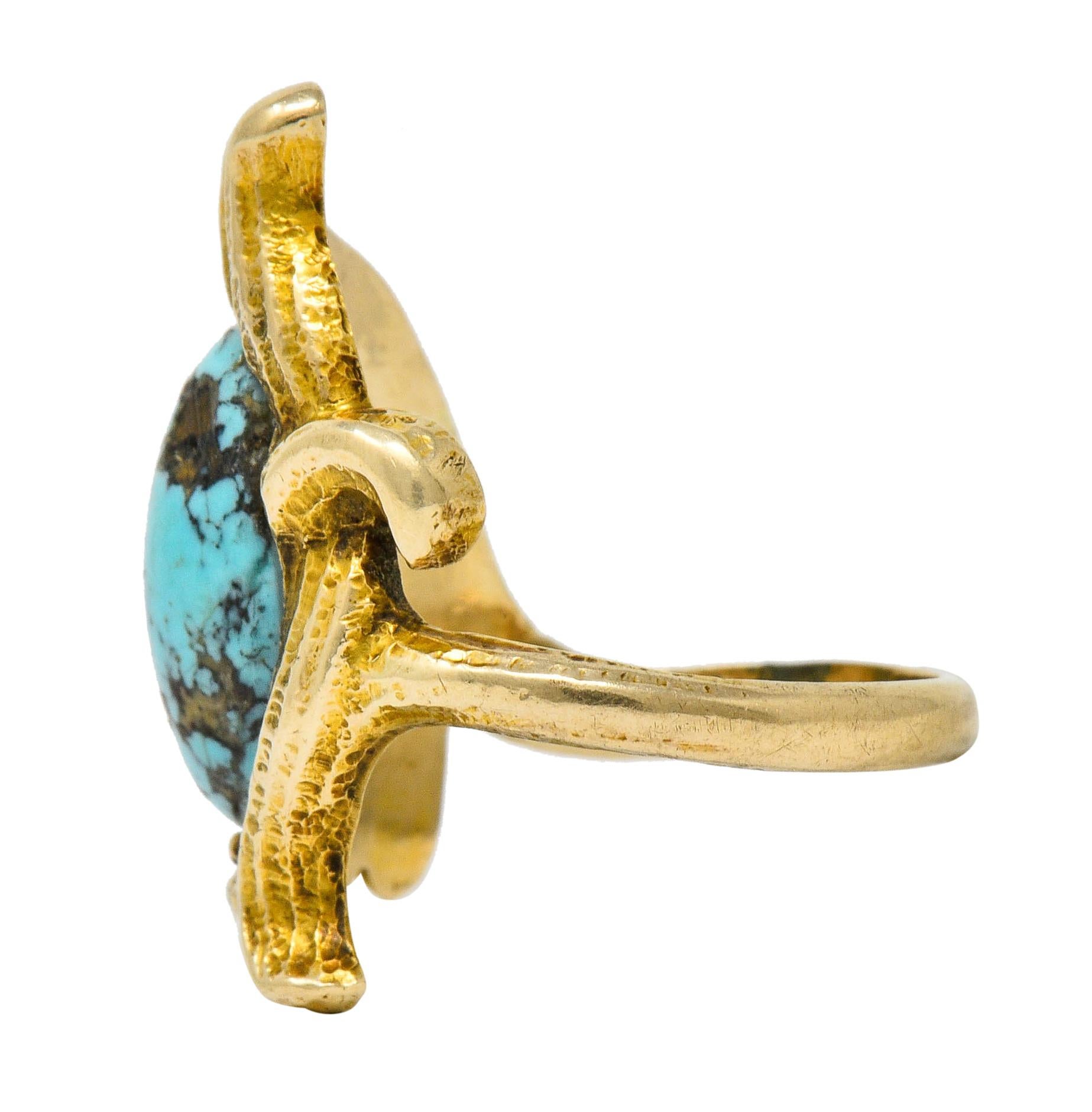 Art Nouveau Turquoise 14 Karat Gold Foliate Whiplash Ring In Excellent Condition In Philadelphia, PA