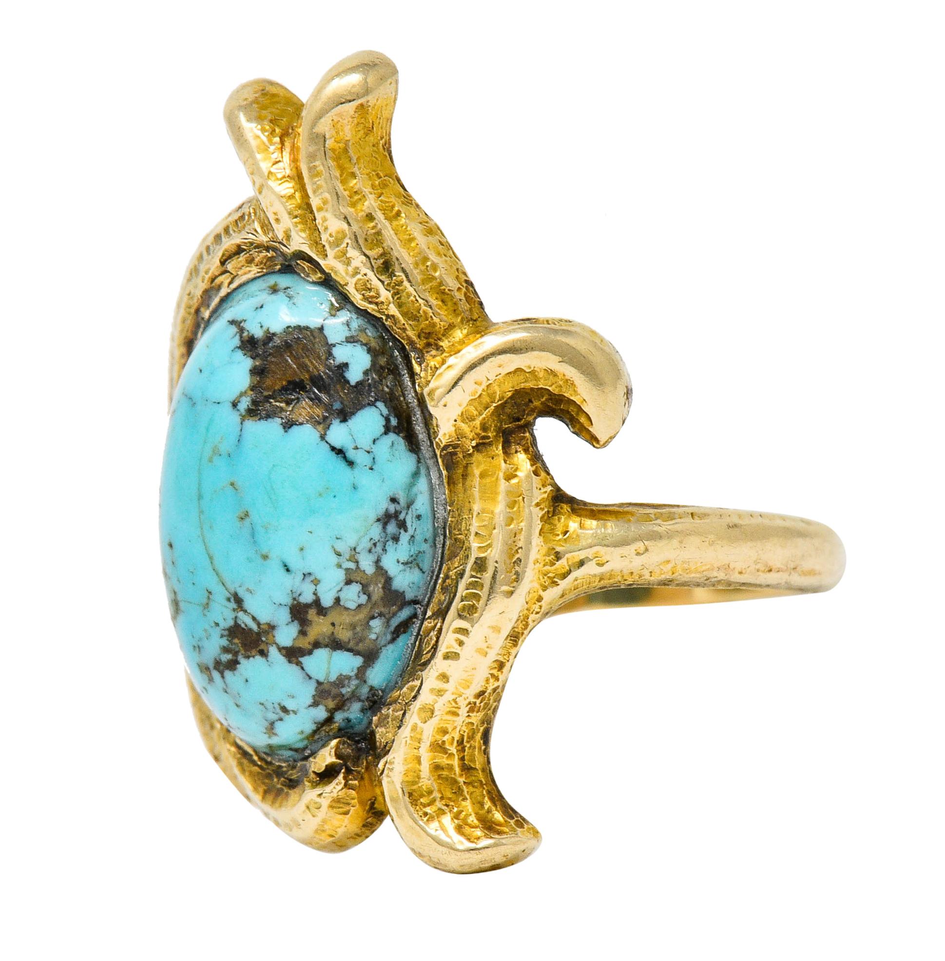 Women's or Men's Art Nouveau Turquoise 14 Karat Gold Foliate Whiplash Ring