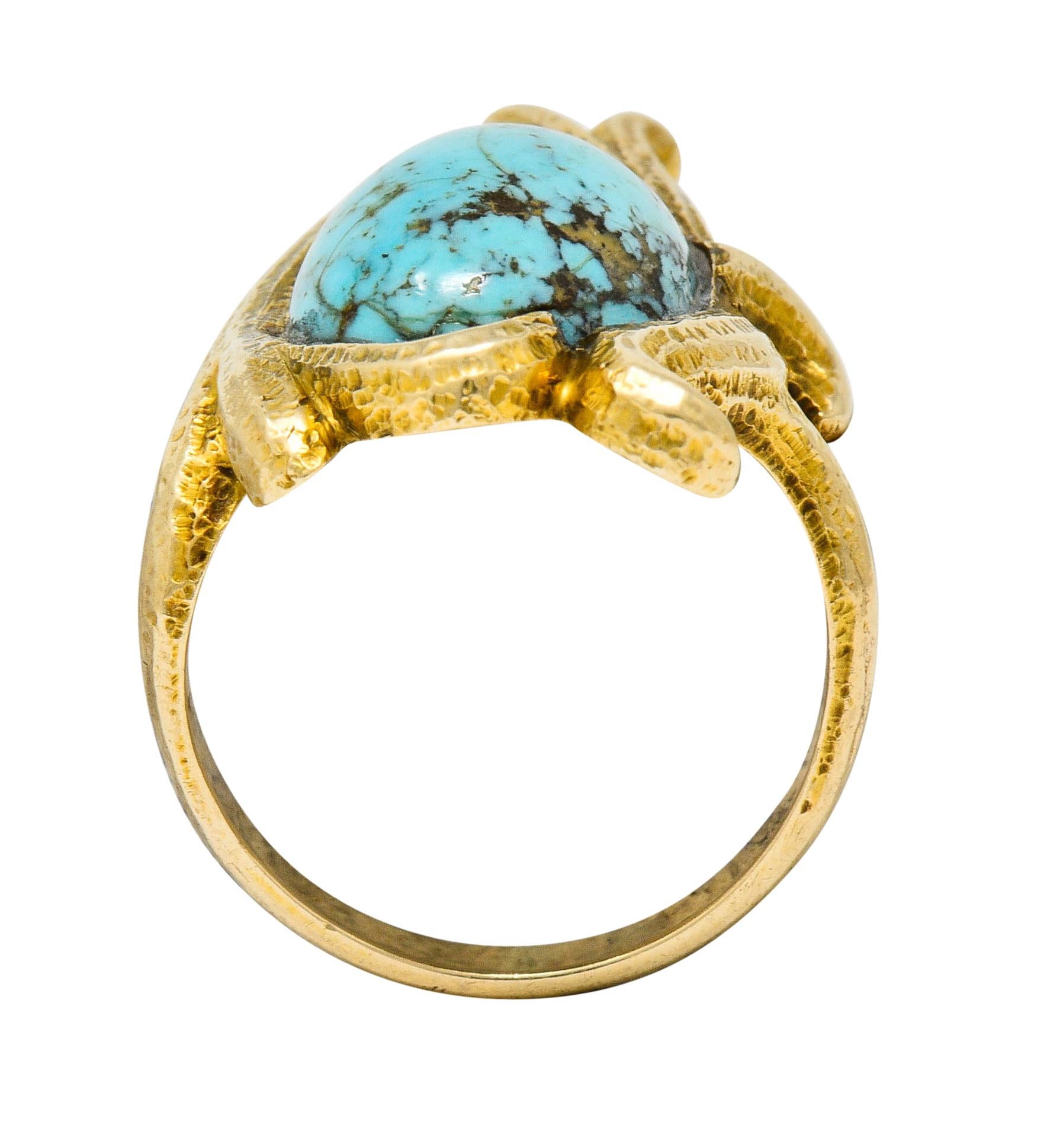 Art Nouveau Turquoise 14 Karat Gold Foliate Whiplash Ring 1