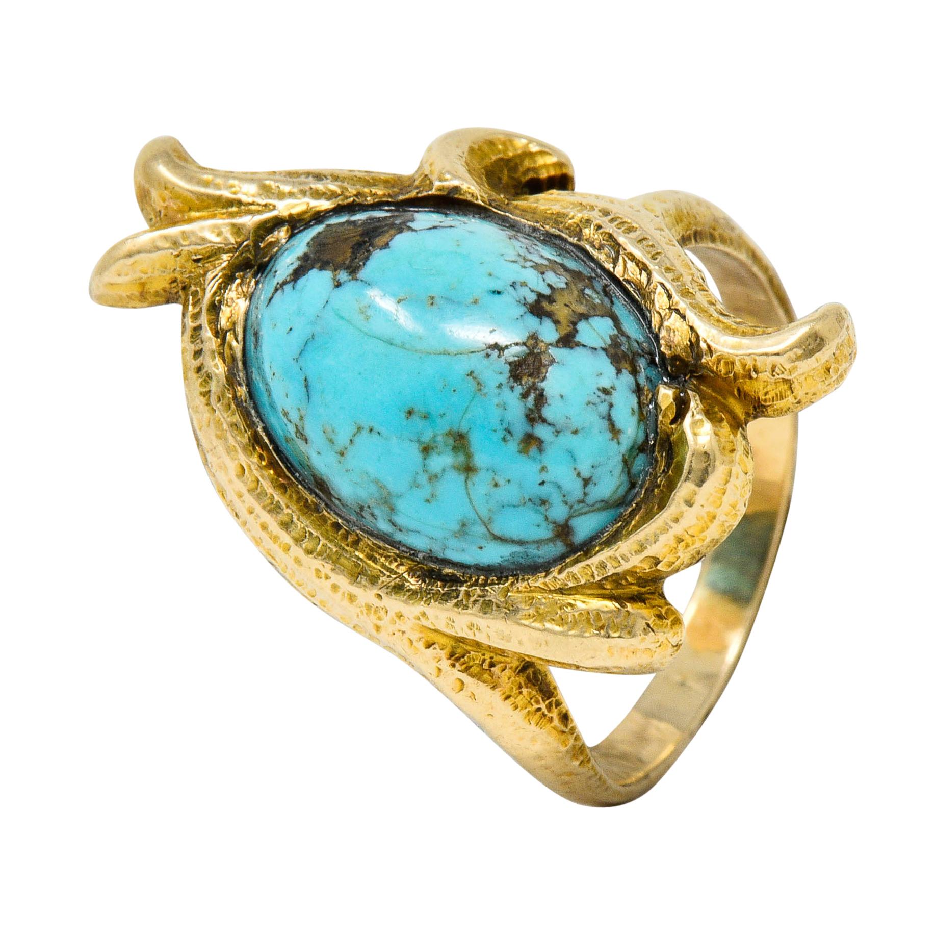 Art Nouveau Turquoise 14 Karat Gold Foliate Whiplash Ring 2