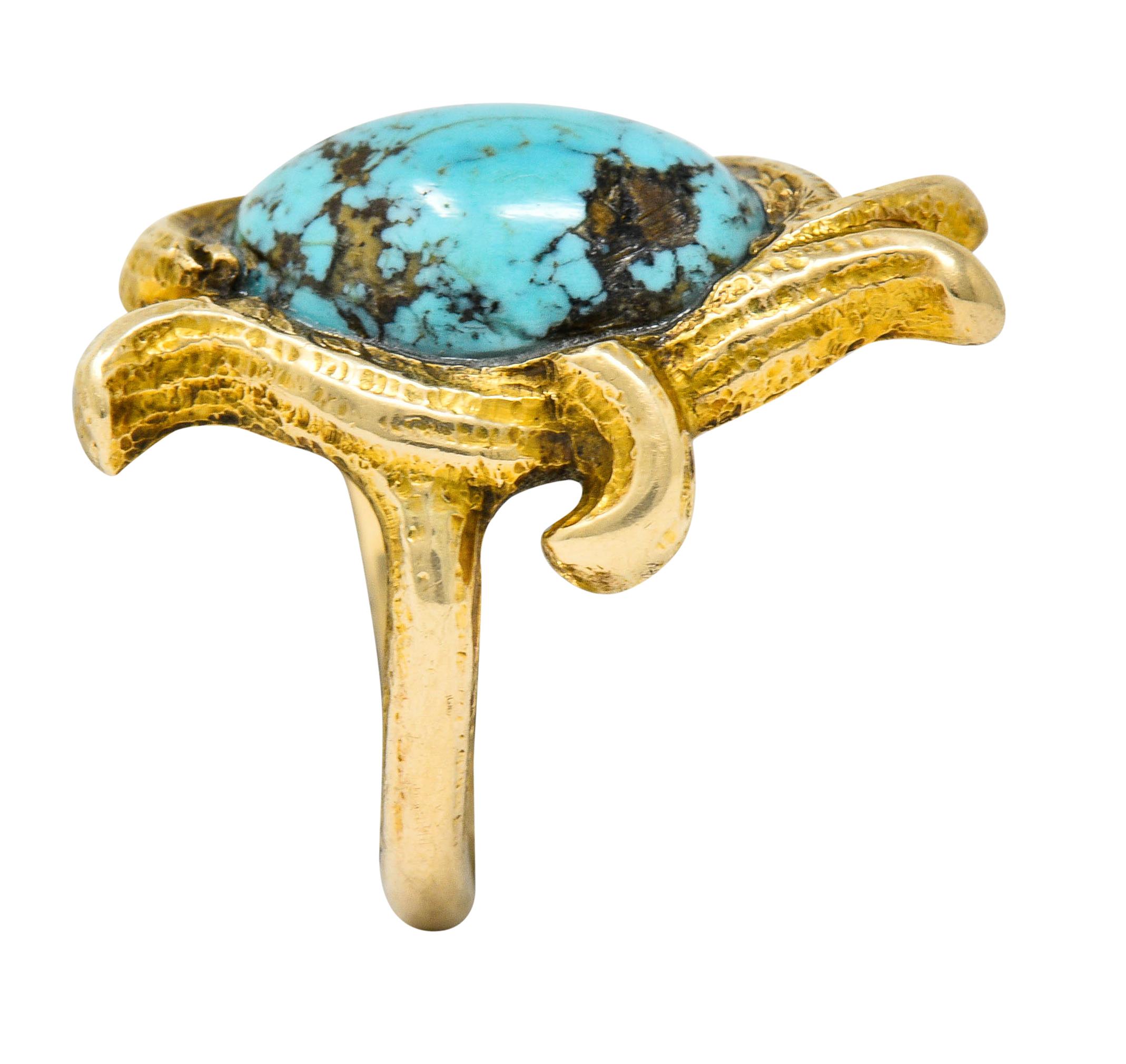 Art Nouveau Turquoise 14 Karat Gold Foliate Whiplash Ring 3