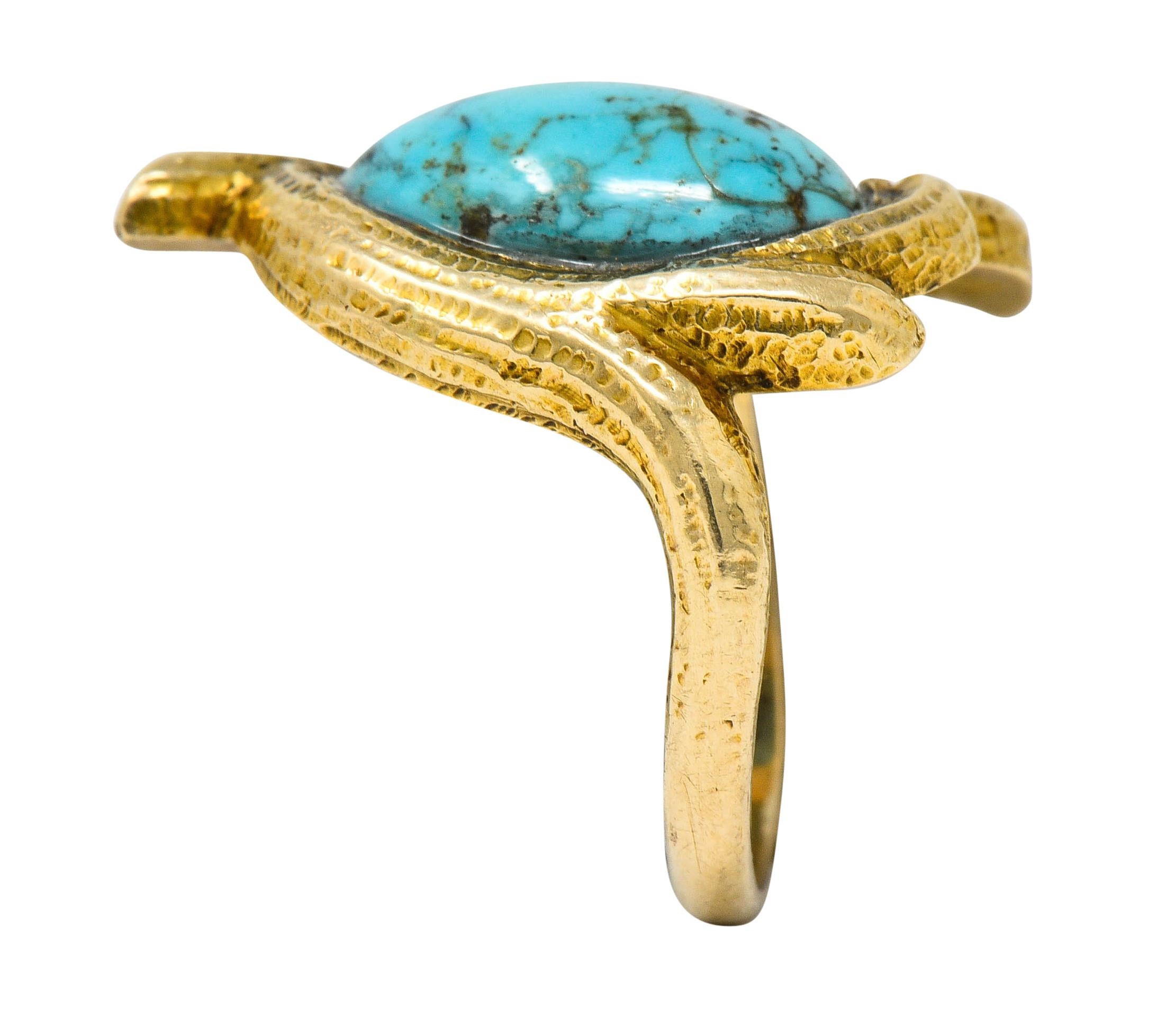 Art Nouveau Turquoise 14 Karat Gold Foliate Whiplash Ring 4