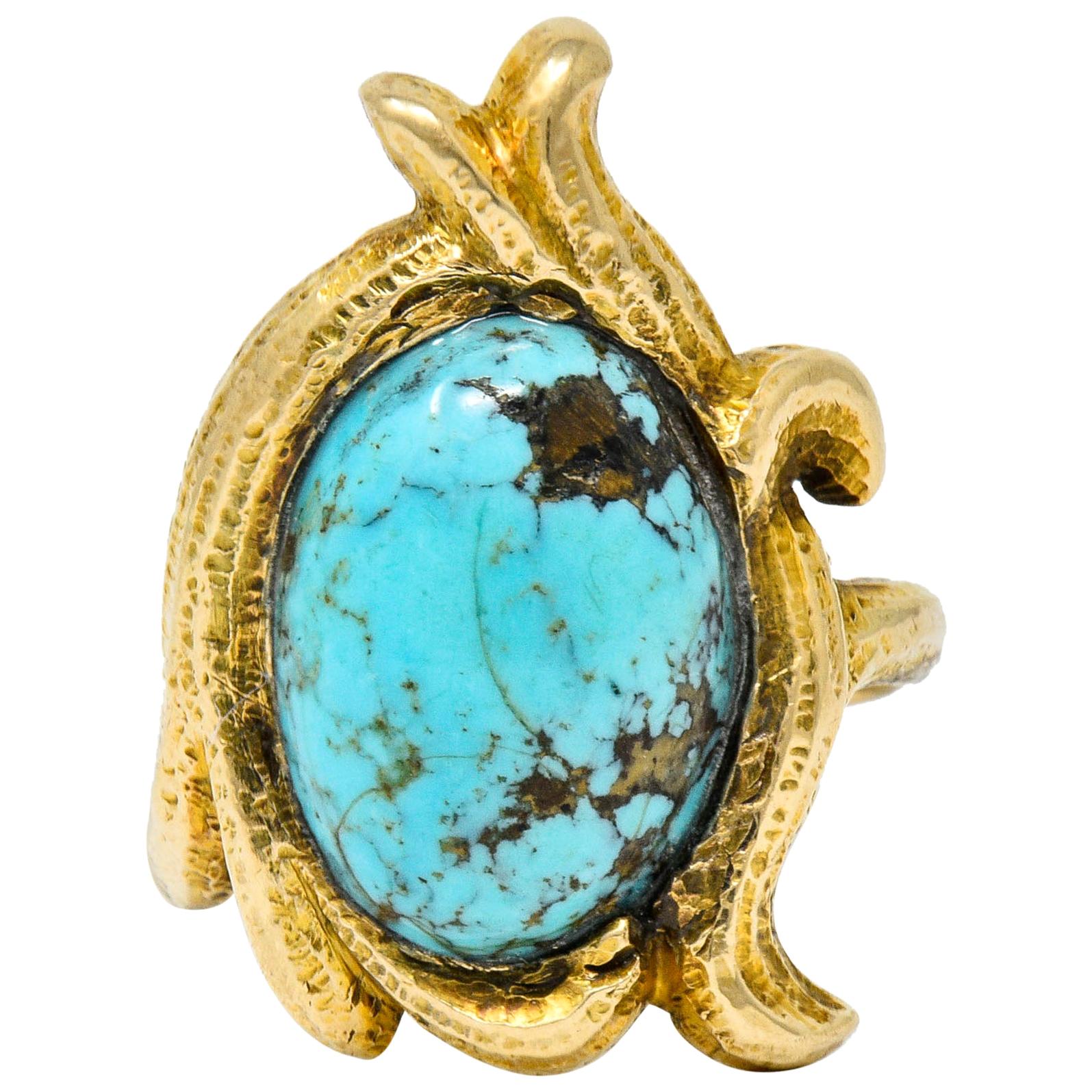 Art Nouveau Turquoise 14 Karat Gold Foliate Whiplash Ring