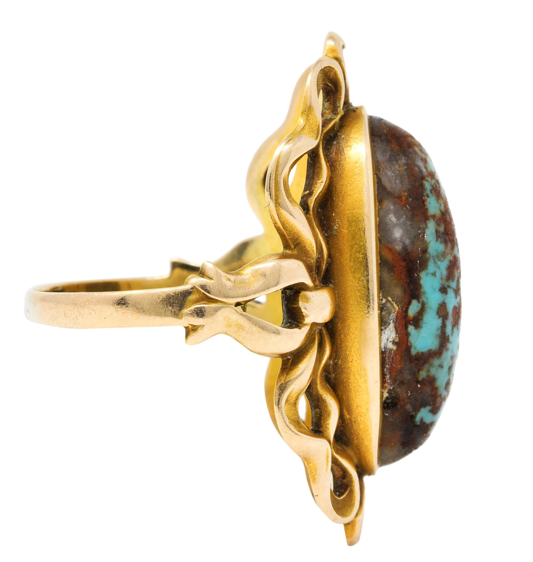 Art Nouveau Turquoise 14 Karat Yellow Gold Cabochon Ring In Excellent Condition In Philadelphia, PA