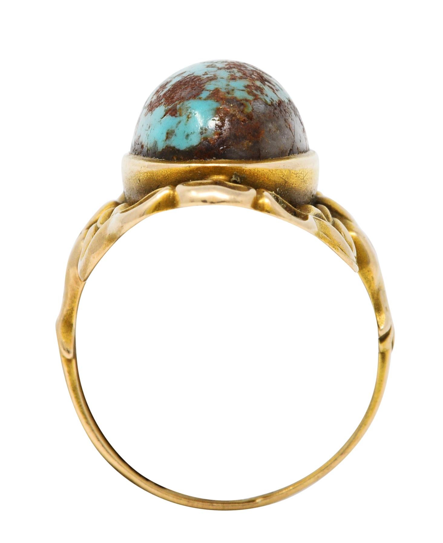 Art Nouveau Turquoise 14 Karat Yellow Gold Cabochon Ring 4