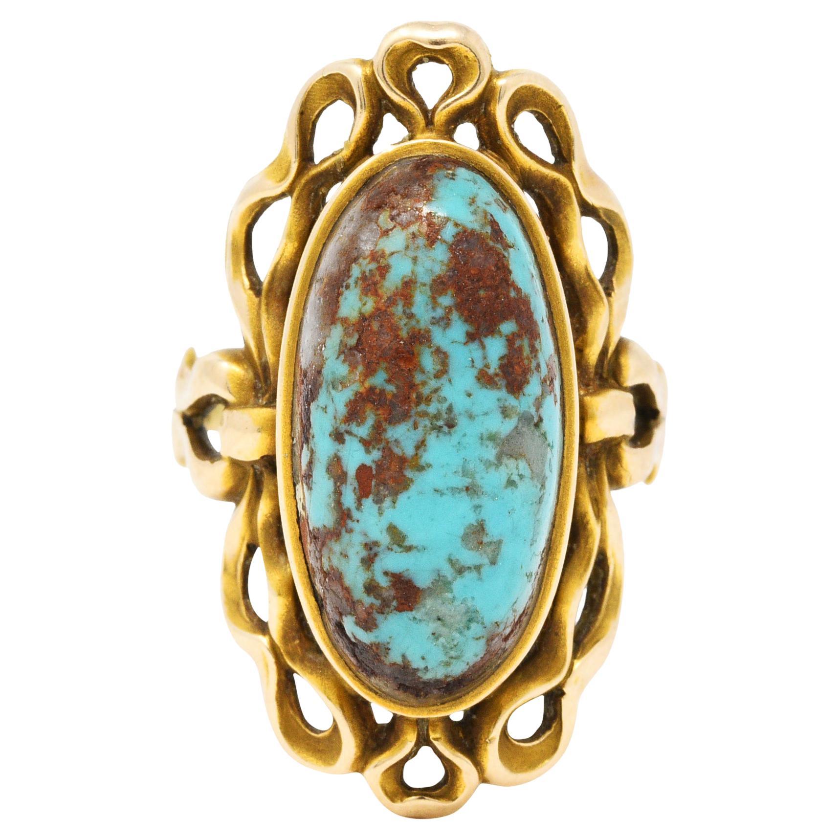 Art Nouveau Turquoise 14 Karat Yellow Gold Cabochon Ring