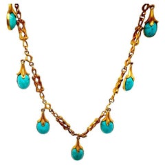Art Nouveau Turquoise 14 Karat Yellow Gold Necklace