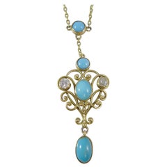 Art Nouveau Turquoise and 0.50 Carat Diamond Necklace, Yellow Gold
