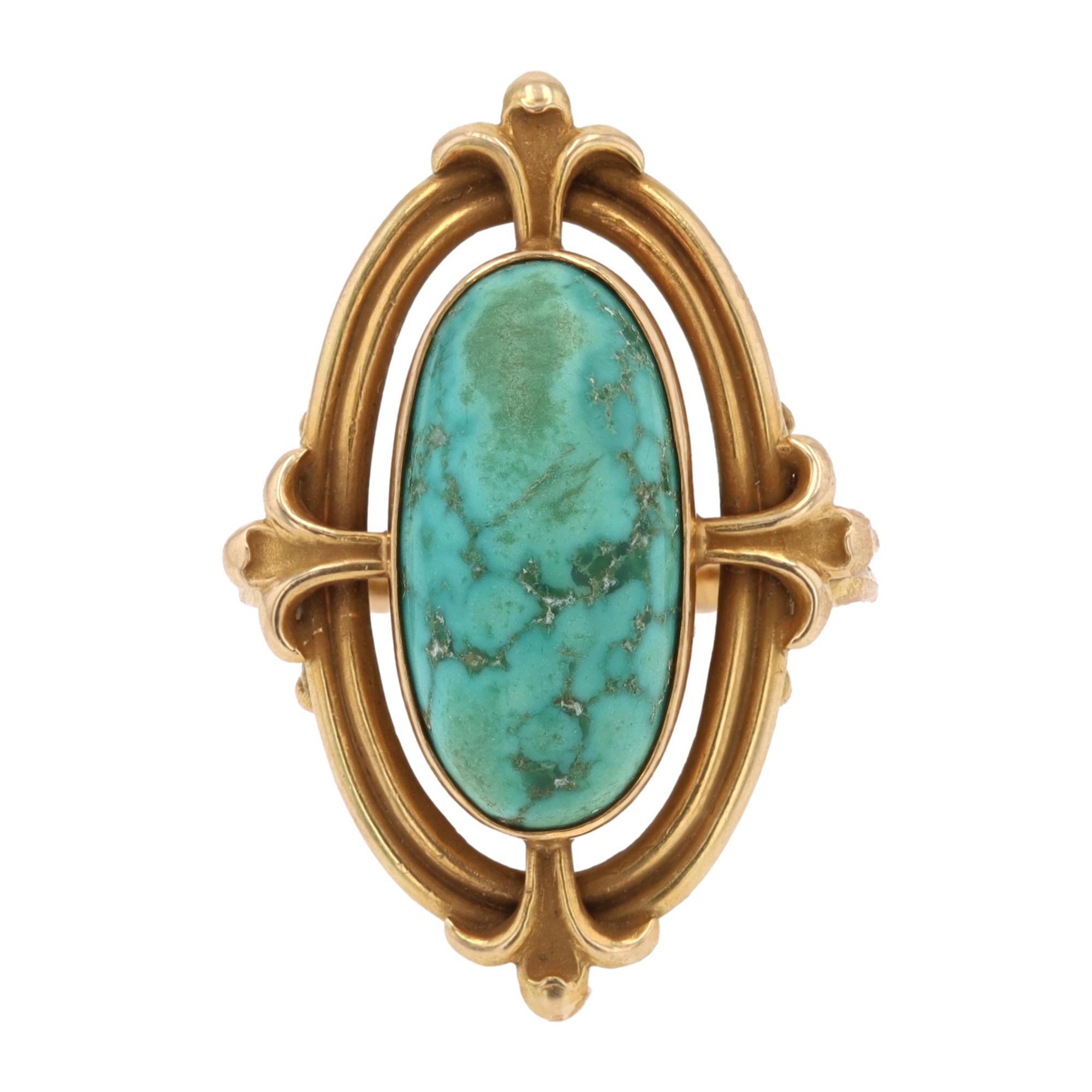 Cabochon Anello Art Nouveau in turchese e oro 14k Fleur-De-Lis in vendita