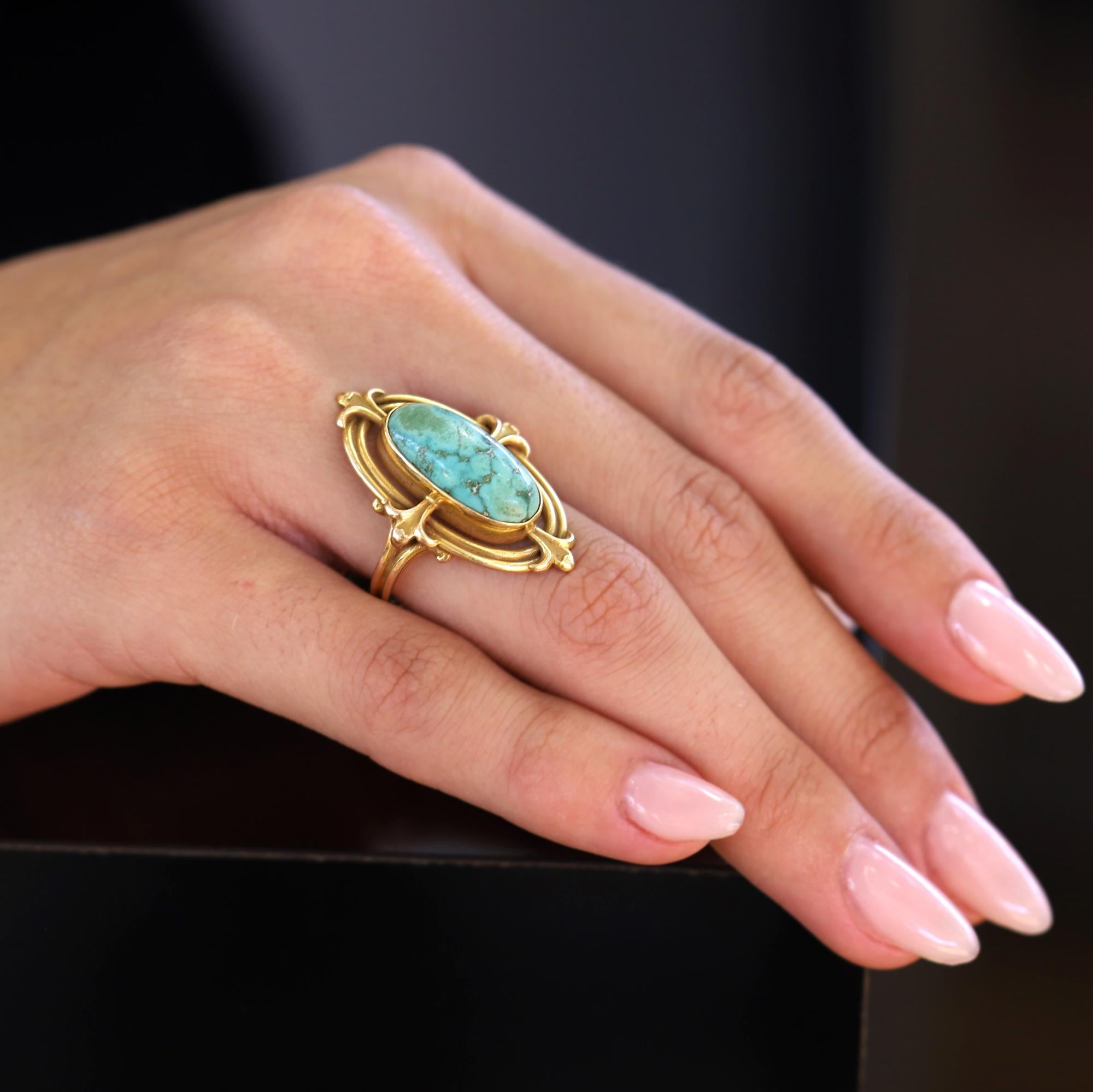 Anello Art Nouveau in turchese e oro 14k Fleur-De-Lis In condizioni buone in vendita a Santa Barbara, CA