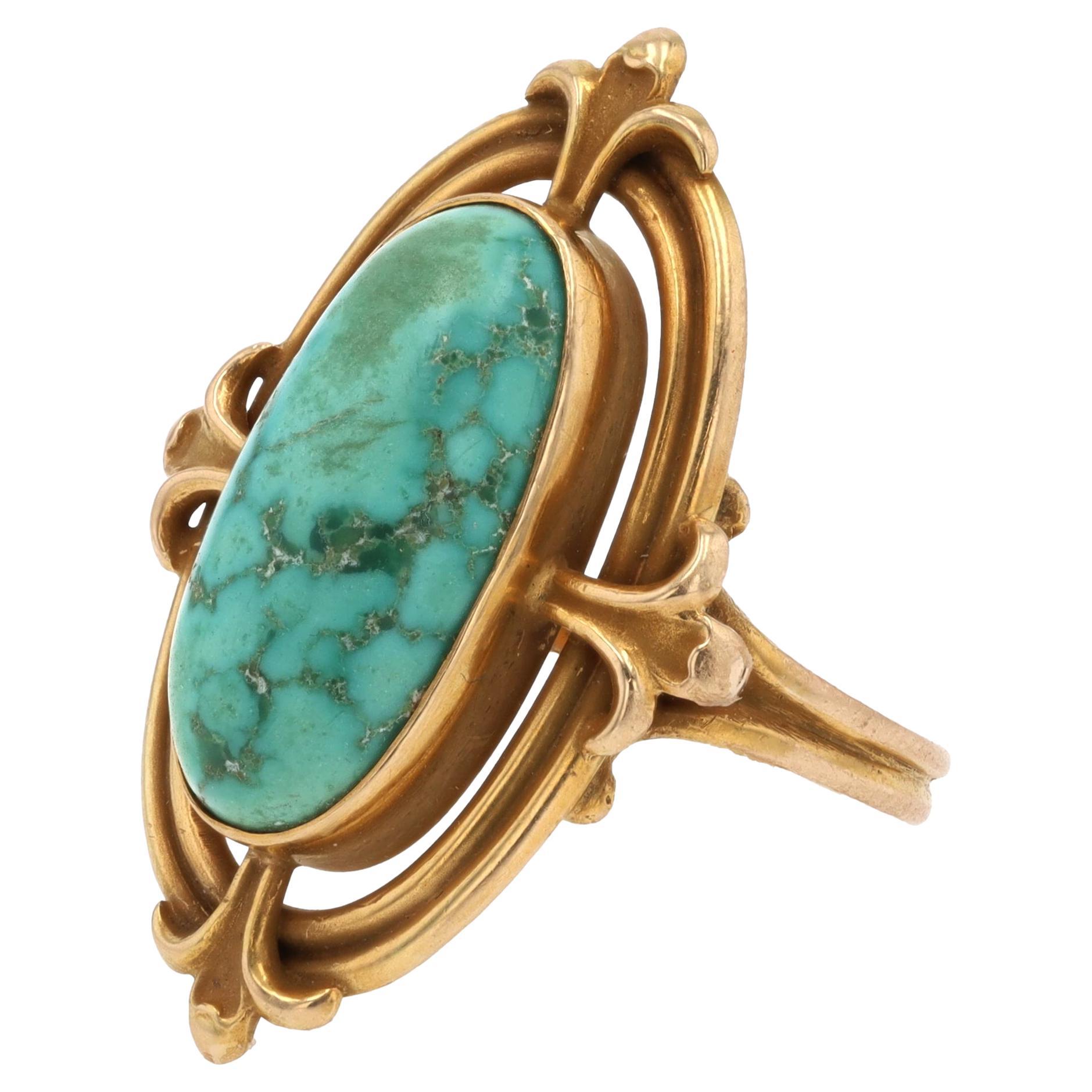 Anello Art Nouveau in turchese e oro 14k Fleur-De-Lis