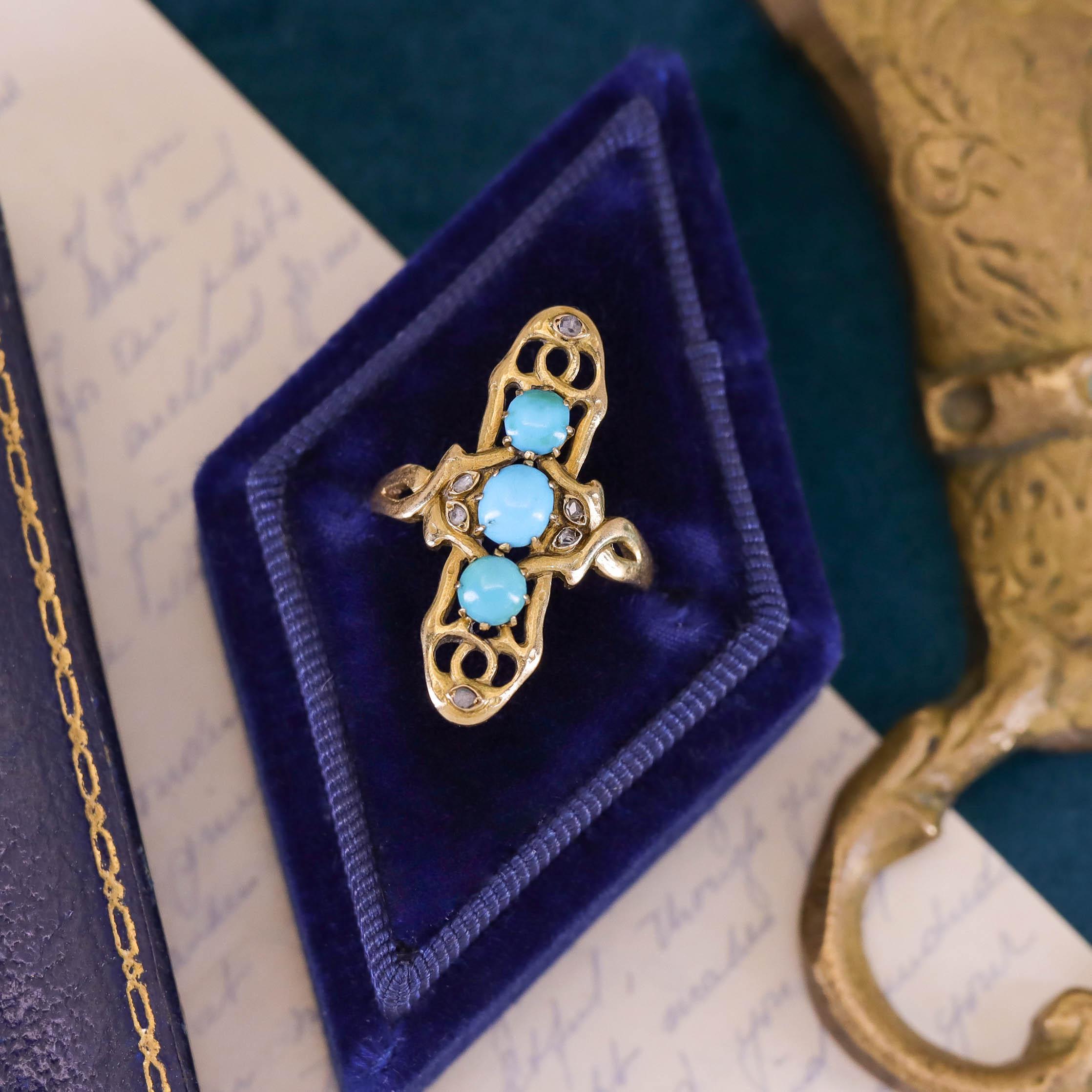 Anillo Art Nouveau de Turquesa y Diamantes de Oro de 18k en venta 2