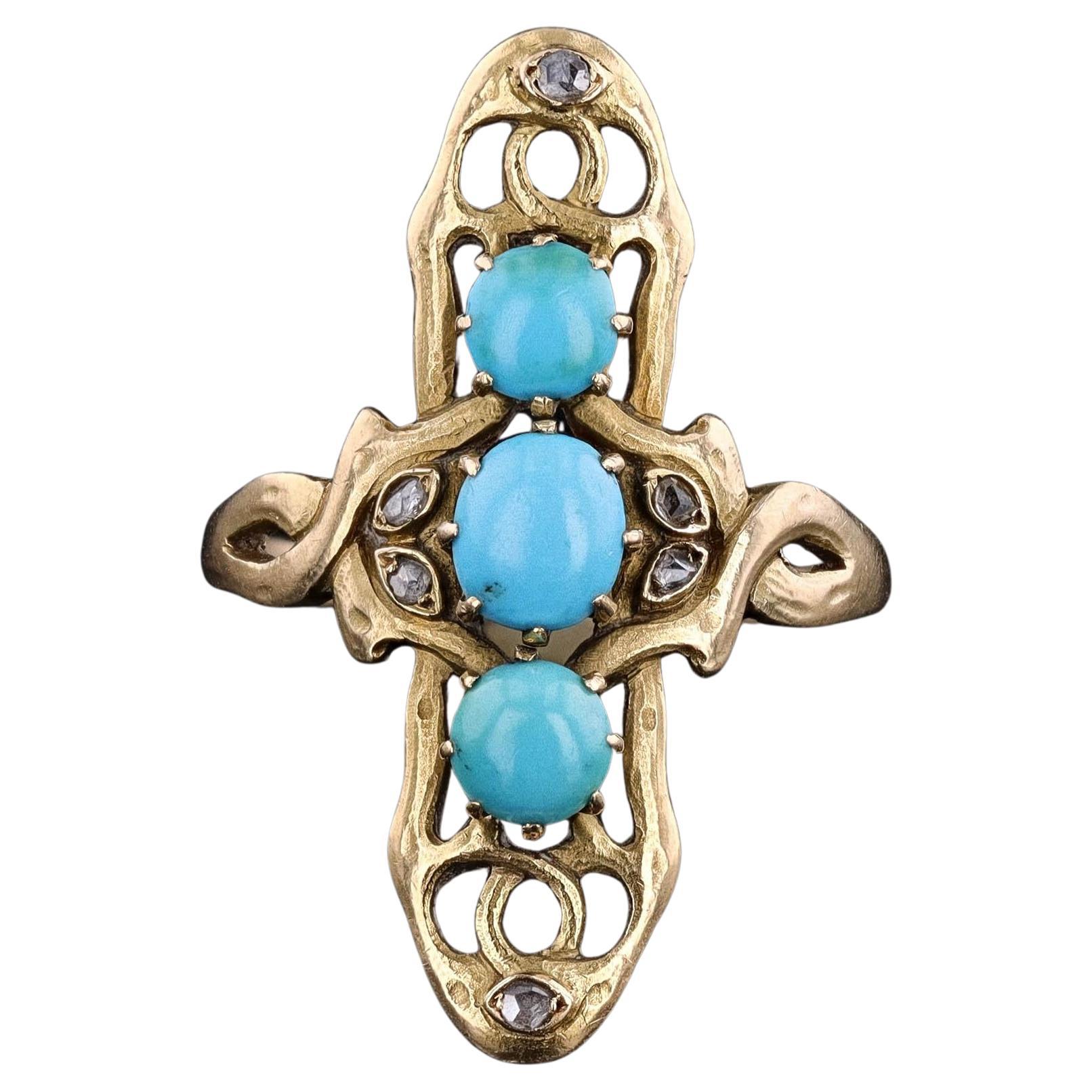 Anillo Art Nouveau de Turquesa y Diamantes de Oro de 18k en venta