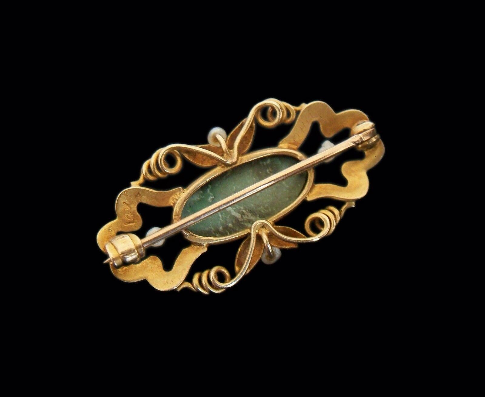 Cabochon Art Nouveau Turquoise & Baroque Pearl Brooch, 14K Gold, Signed, Circa 1900 For Sale
