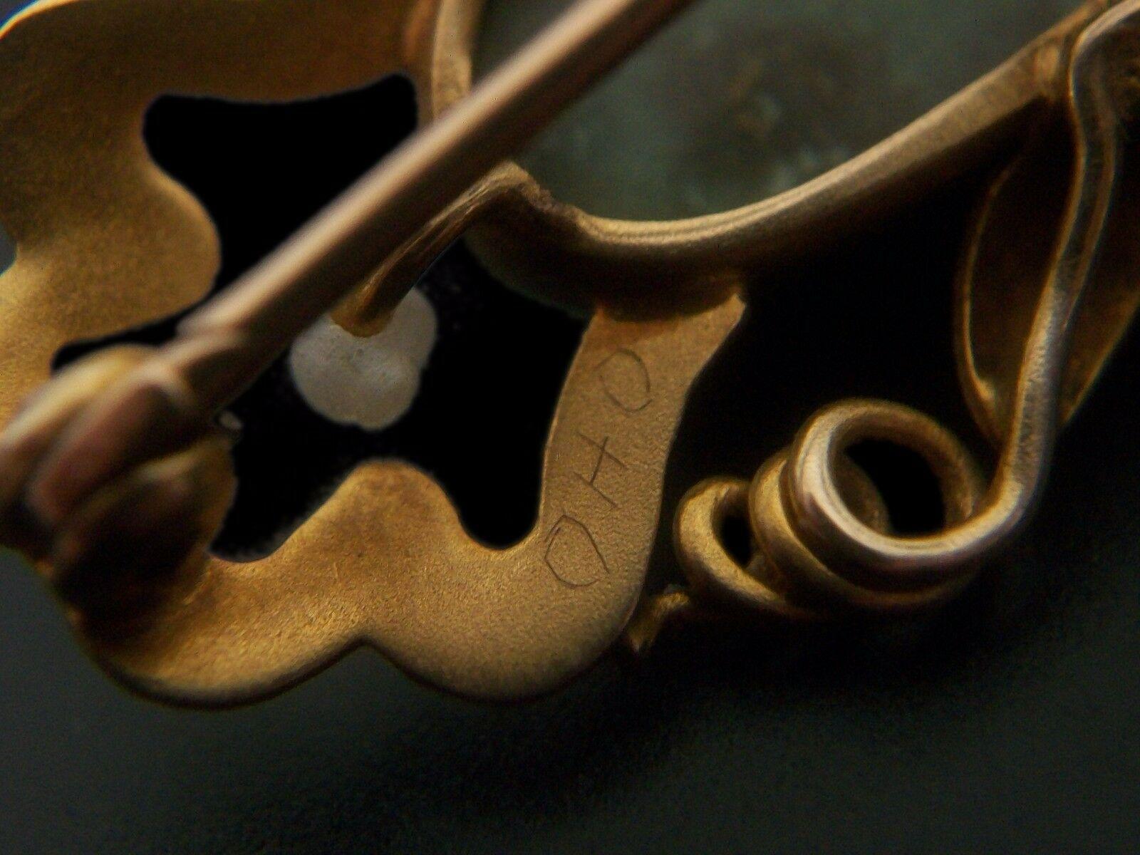 Cabochon Art Nouveau Turquoise & Baroque Pearl Brooch, 14K Gold, Signed, Circa 1900 For Sale