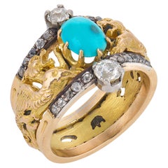 Art Nouveau turquoise diamond 18k yellow gold dragon band
