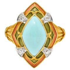 Antique Art Nouveau Turquoise Diamond Enamel Platinum-Topped 14 Karat Gold Navette Ring