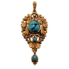 Pendentif en or Art Nouveau avec turquoise et diamants