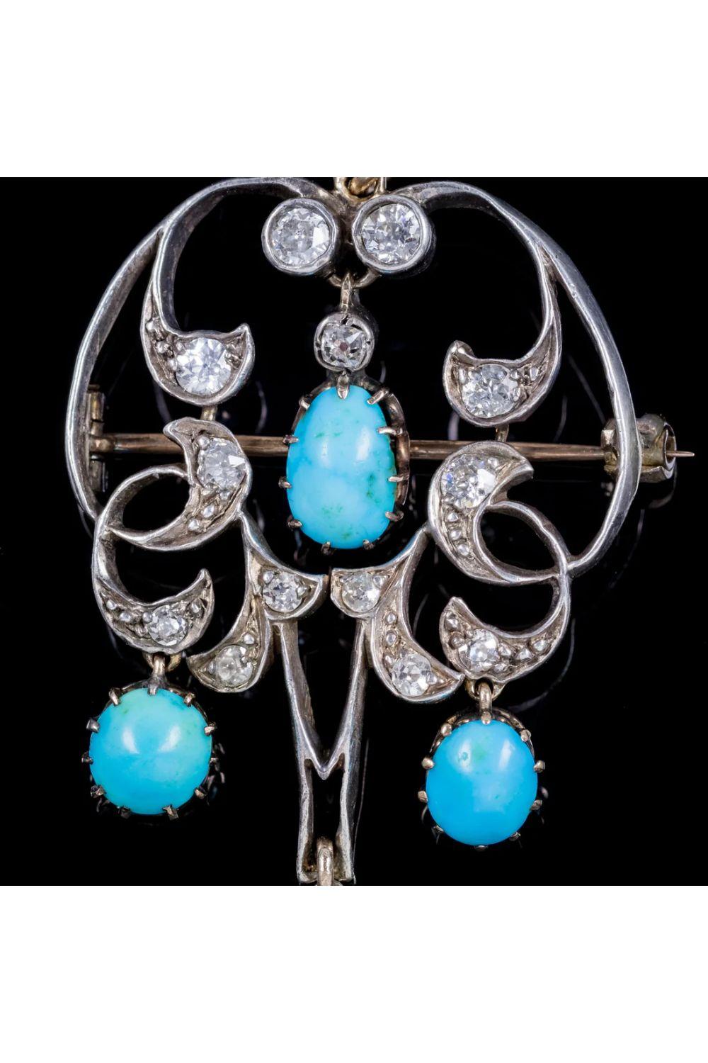 Women's Art Nouveau Turquoise Diamond Pendant Silver in 18 Carat Gold, circa 1901 – 1915 For Sale