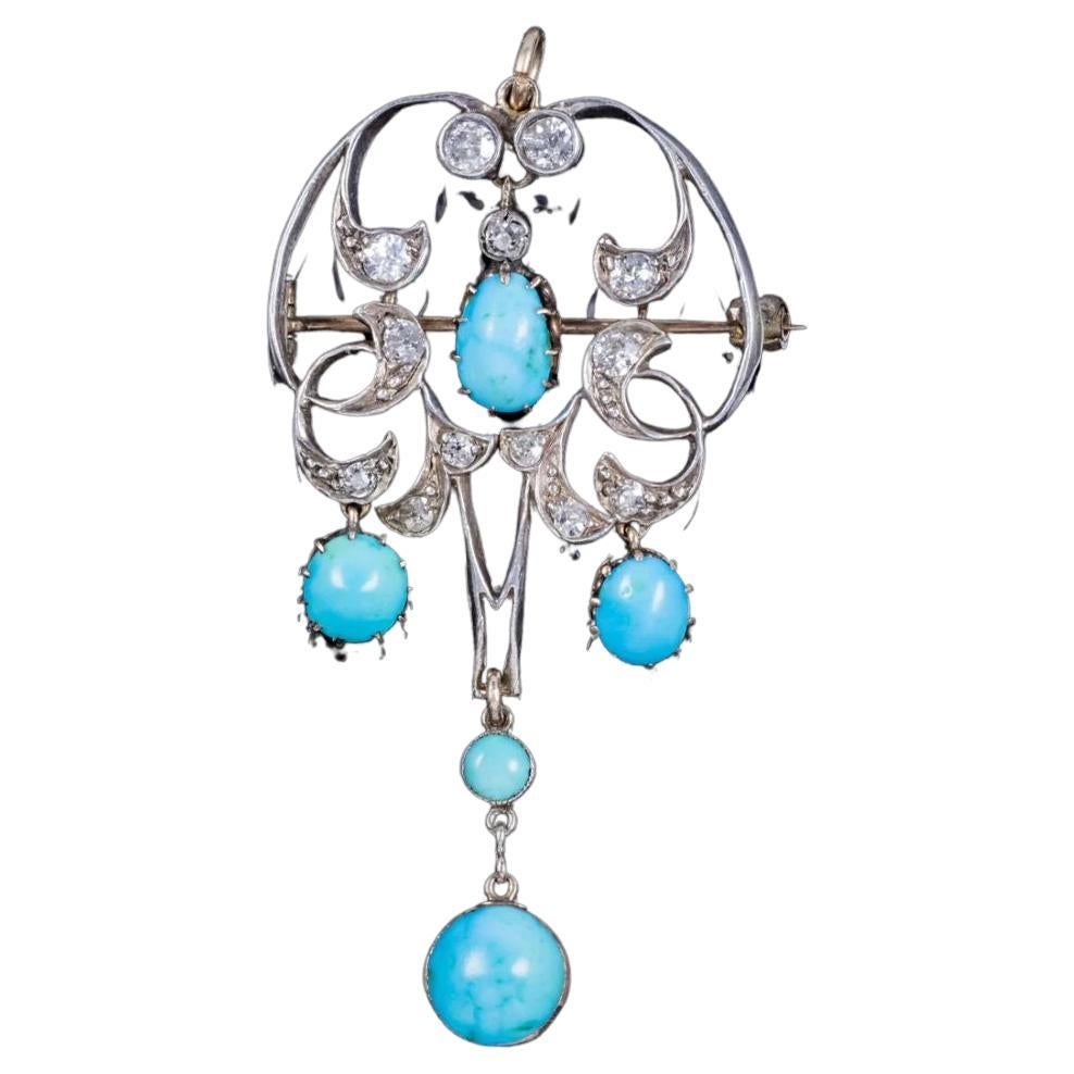 Pendentif Art Nouveau Turquoise Diamant Argent en Or 18ct, Circa 1901 - 1915 en vente