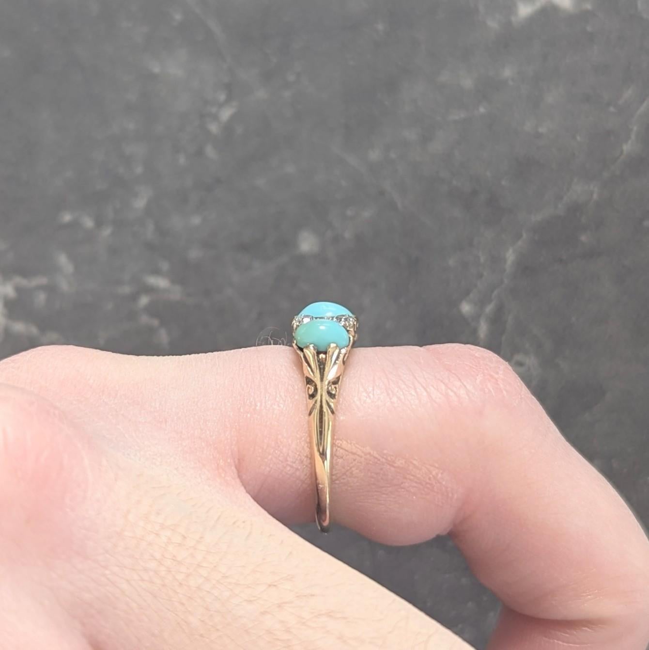 Bague jonc ancien Art Nouveau à trois pierres en or 18 carats, platine, turquoise et diamant en vente 4