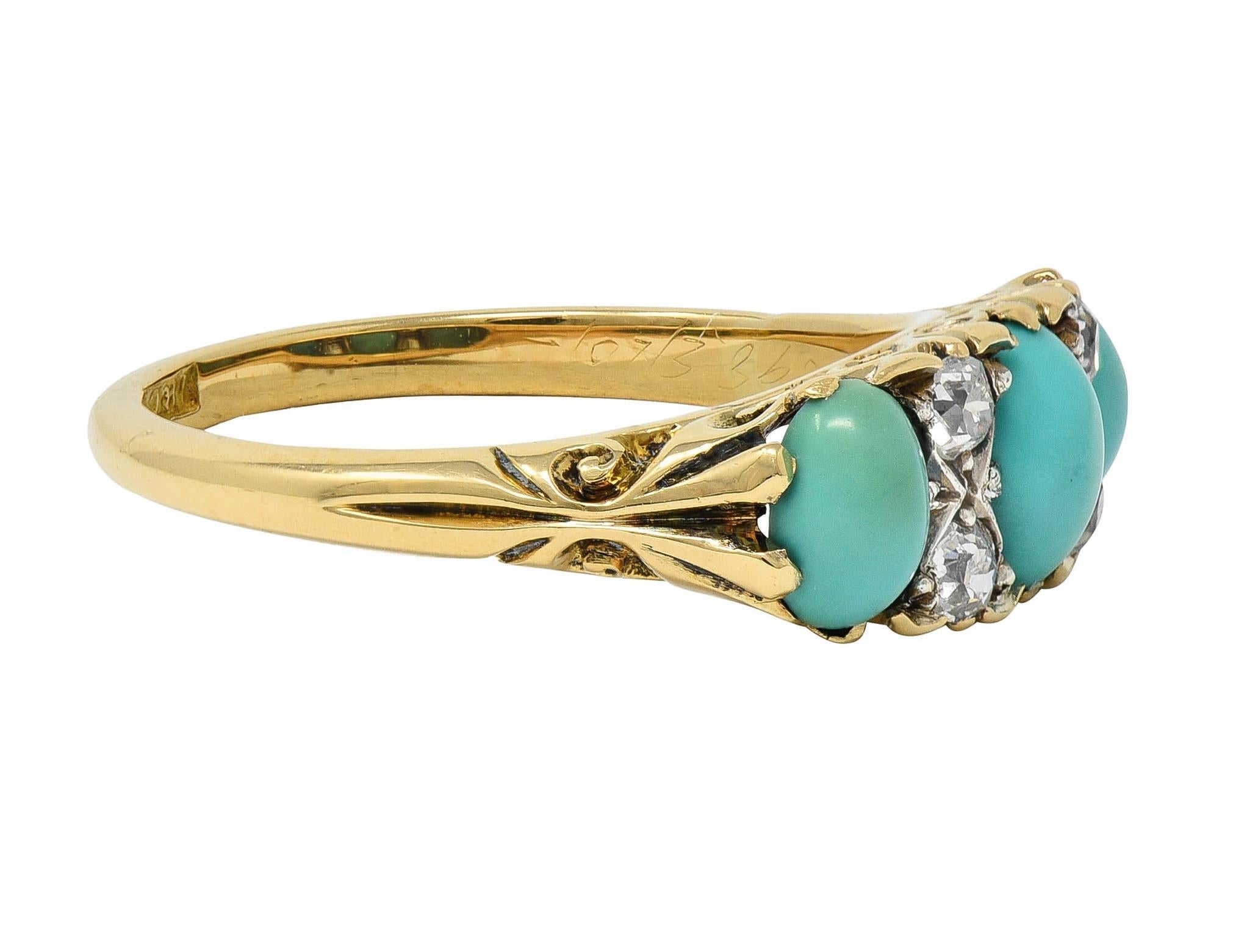 Art nouveau Bague jonc ancien Art Nouveau à trois pierres en or 18 carats, platine, turquoise et diamant en vente