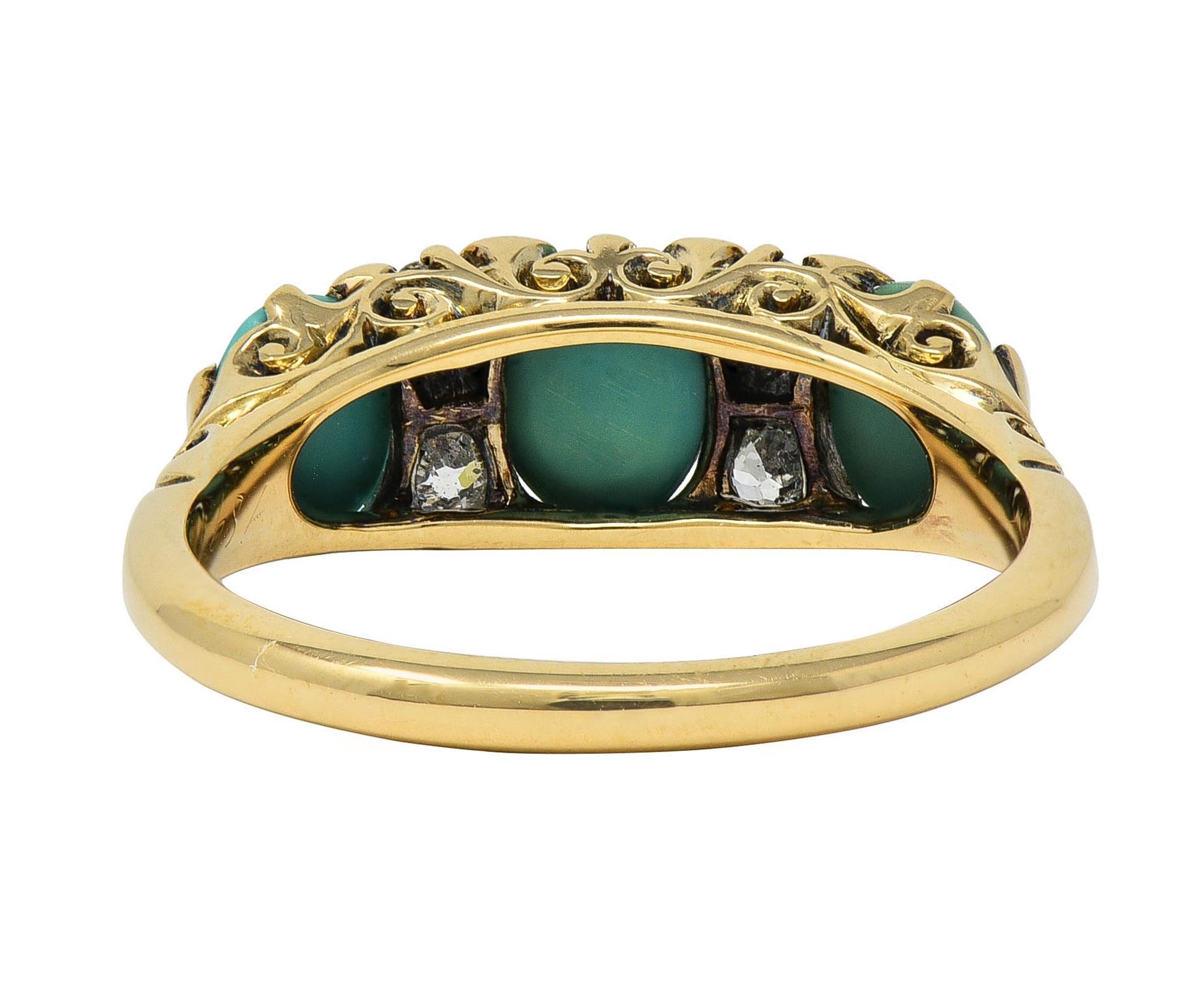 Taille cabochon Bague jonc ancien Art Nouveau à trois pierres en or 18 carats, platine, turquoise et diamant en vente