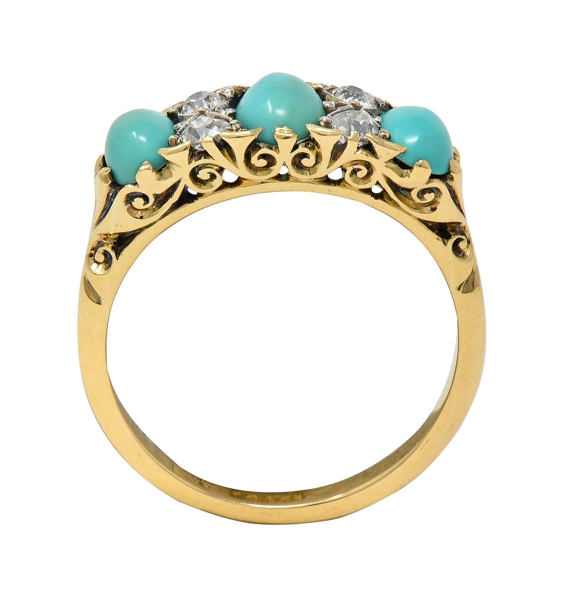 Bague jonc ancien Art Nouveau à trois pierres en or 18 carats, platine, turquoise et diamant Excellent état - En vente à Philadelphia, PA